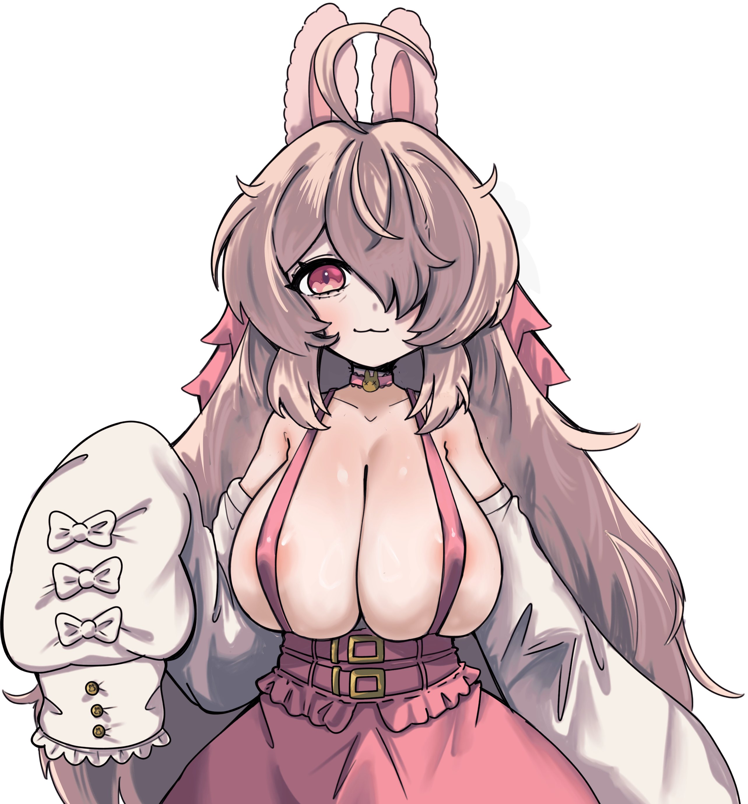 1girls, ahoge, alternate age, alternate breast size, alternate breast size (larger), animal ears, areolae peeking, areolae slip, artist request, bags under eyes, bare shoulders, belt, belted dress, belts, big breasts, boob spillage, breast focus, breast spillage, breasts, breasts bigger than head, bunny ears, bunny girl, buttons, choker, clavicle, cleavage, clothed, clothed female, deep cleavage, detatched sleeves, dress, female, female focus, frills, frilly clothing, hag, hair over one eye, heavy breasts, huge breasts, kemonomimi, lagomorph, lagomorph humanoid, large breasts, light skin, light-skinned female, long hair, long sleeves, looking at viewer, messy hair, milf, mouth closed, nipples covered, older female, oversized sleeves, phase connect, phase origins, pink eyes, pink hair, pipkin pippa, puffy sleeves, rabbit ears, rabbit girl, rabbit symbol, ribbons, sagging breasts, sideboob, simple background, skirt, sling top, solo, solo focus, tired eyes, virtual youtuber, white background, wrinkles