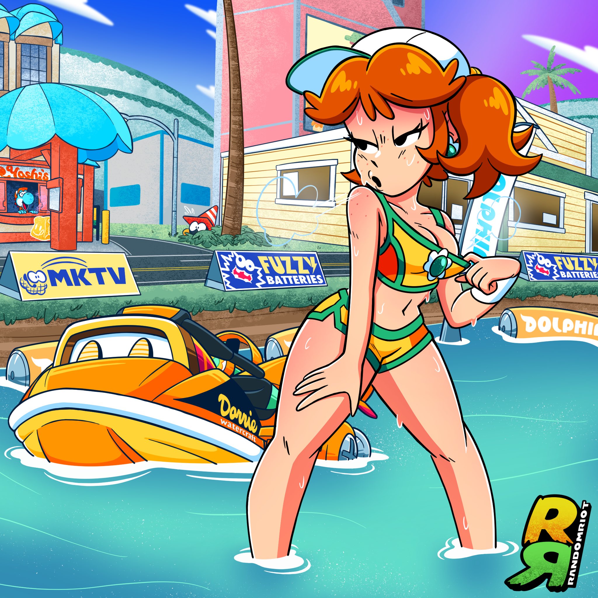 1girls, ass out, bedroom eyes, blush, boob, breasts, cyan yoshi, dash food, female, fuzzy (mario), hair up, hat, light skin, light-skinned female, mario (series), mario kart, mario kart world, nintendo, official alternate costume, princess daisy, princess daisy (swimwear), randomriot, sweat, sweating, sweaty, tagme, wrandomwriot, yoshi, yoshi (food slinger)