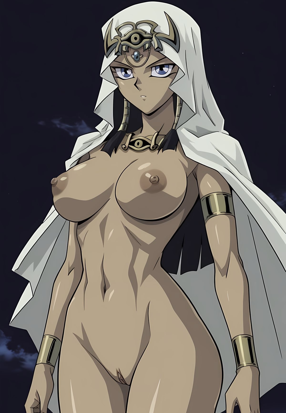 1girls, ai generated, ayyaai, black hair, blue eyes, egyptian, female, gold jewelry, isis ishtar, long hair, nude, nude female, small waist, solo, tanned female, wide hips, yu-gi-oh!
