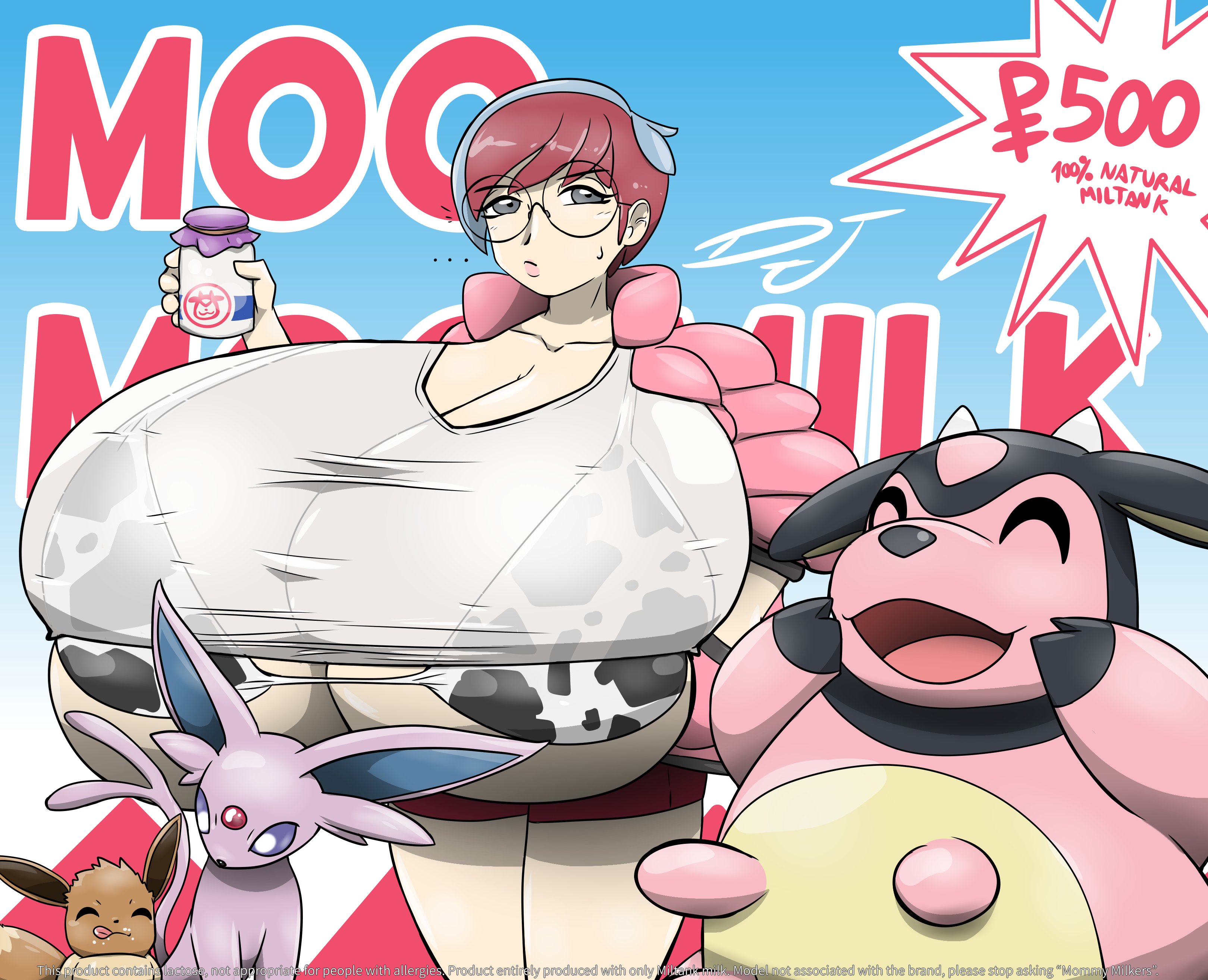 1girls, alternate breast size, bikini, blue and red hair, bra, breasts, cow print, creatures (company), curvaceous, curvy, curvy body, curvy female, curvy figure, djthepokemen, eevee, eeveelution, espeon, female, game freak, generation 1 pokemon, generation 2 pokemon, glasses, huge breasts, hyper, hyper breasts, large breasts, milk tank, milktank (pokemon), multicolored hair, nintendo, penny (pokemon), pokemon, pokemon (game), pokemon (species), pokemon gsc, pokemon rse, pokemon sv, red and blue hair, round glasses, short-haired female