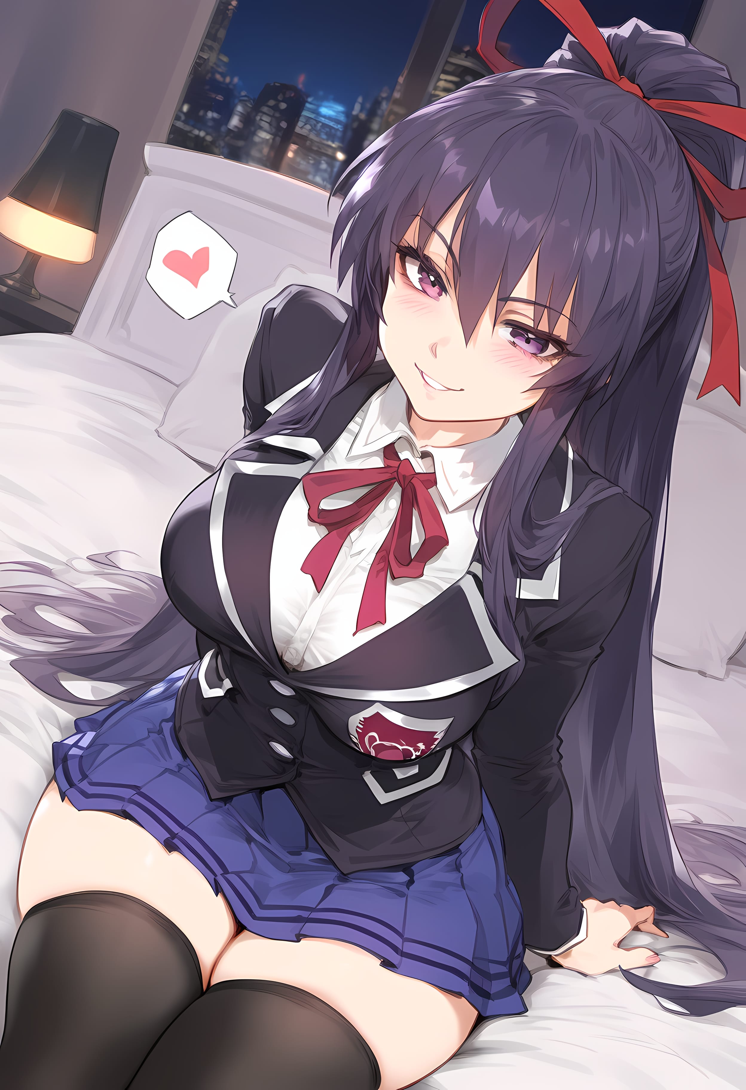 1girls, ai generated, bed, bedroom, big breasts, blush, breasts, clothed, clothed female, clothing, date a live, eyes, female, female only, human, human female, indoors, light skin, light-skinned female, lighting, long hair, looking at viewer, nakatori, night, purple eyes, purple hair, room, school uniform, sitting, sitting on bed, skirt, smile, smiling at viewer, solo, solo female, thick thighs, thighs, tight clothing, yatogami tohka