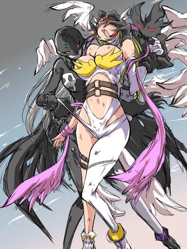 2girls, ajiyama, angel, angewomon, blonde hair, breasts, catfight, cleavage, clothed, demon, demon girl, demon rape, demoness, devil, digimon, digimon adventure, female, fight, grabbing head, ladydevimon, large breasts, long hair, pulling clothing, red eyes, smile, white hair, white skin, wings, yuri