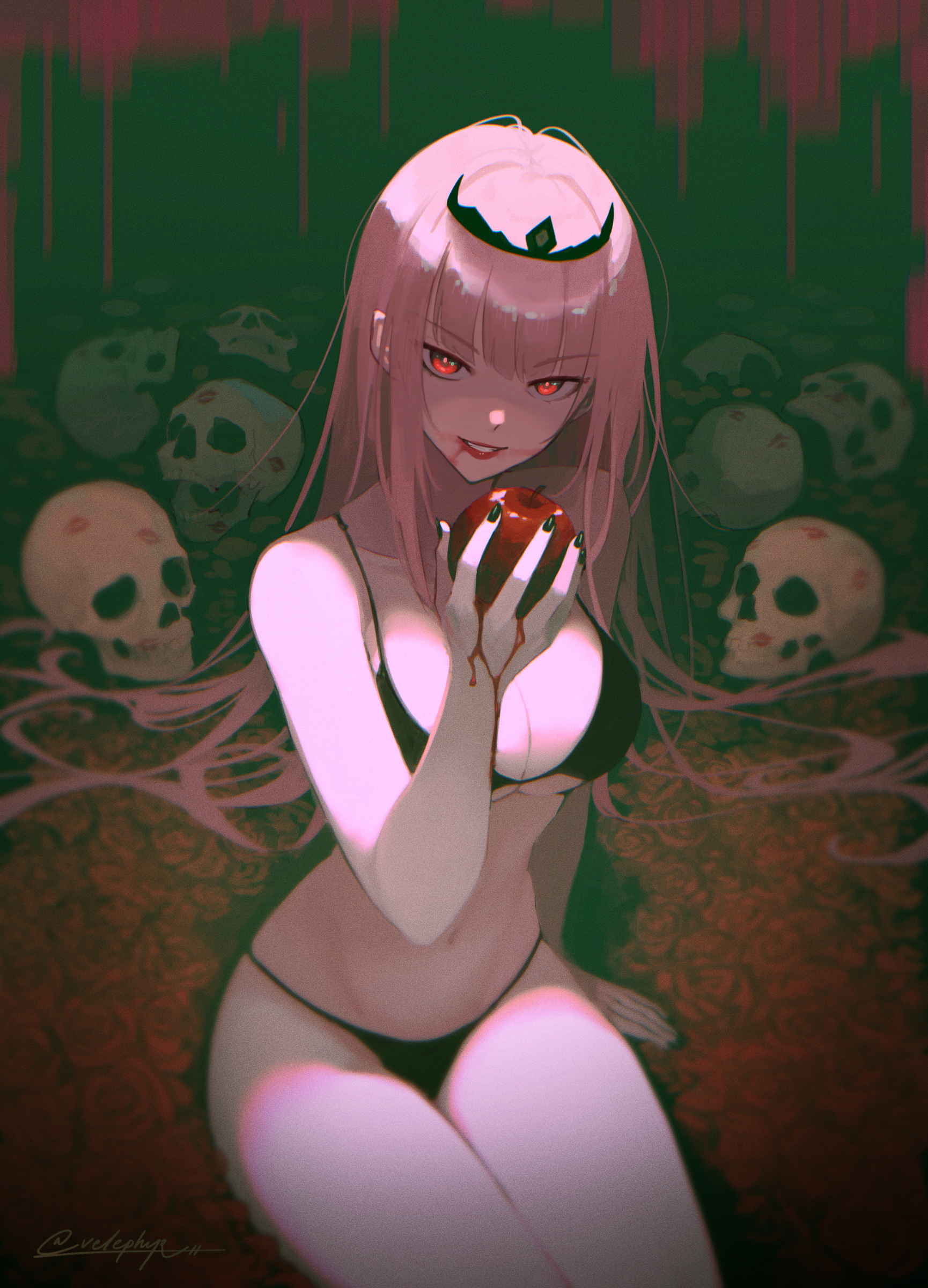 apple, big breasts, bikini, blood, breasts, female, female only, food, hololive, hololive english, hololive myth, kiss mark, long hair, mori calliope, pink hair, roses, skull, skull head, solo, thick thighs, virtual youtuber