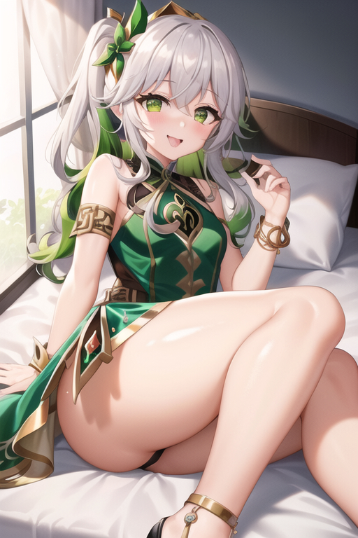 adult ai_generated alternate_age ass bare_shoulders bed blush breasts cameltoe dress female from_behind genshin_impact gradient_hair green_eyes green_hair hair_ornament high_heels long_hair looking_at_viewer medium_breasts nahida_(genshin_impact) open_mouth panties pointy_ears ponytail shiny shiny_clothes shiny_hair shiny_skin sideboob smile solo stable_diffusion thick_thighs white_hair