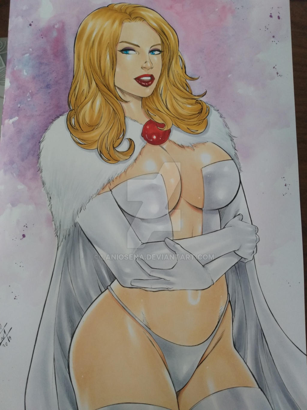 1girls 2019 big_breasts blonde_hair blue_eyes breasts corset deviantart emma_frost female female_only hellfire_club lanio_sena long_hair looking_at_viewer marvel marvel_comics panties solo watermark white_queen wide_hips x-men