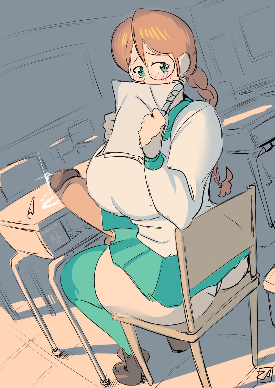 1futa, among us, ass, back, back view, balls, big balls, big breasts, big penis, blush, bottomless, breasts, claire (zestysauce), clothed, clothing, condom, condom box, erect penis, erection, female, futa only, futanari, gigantic penis, glasses, huge breasts, huge cock, human, intersex, light skin, light-skinned futa, looking back, mostly clothed, penis, precum, precum drip, school desk, school uniform, schoolgirl, shy, sitting, solo, solo futa, testicles, thick thighs, thighhighs, zestysauce