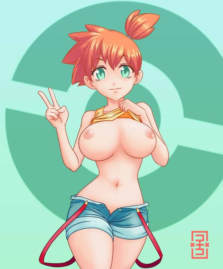 1girls, alternate breast size, breasts, female, female only, fenris illus, kasumi (pokemon), pinup, pinup pose, pokemon, shirt lift, solo
