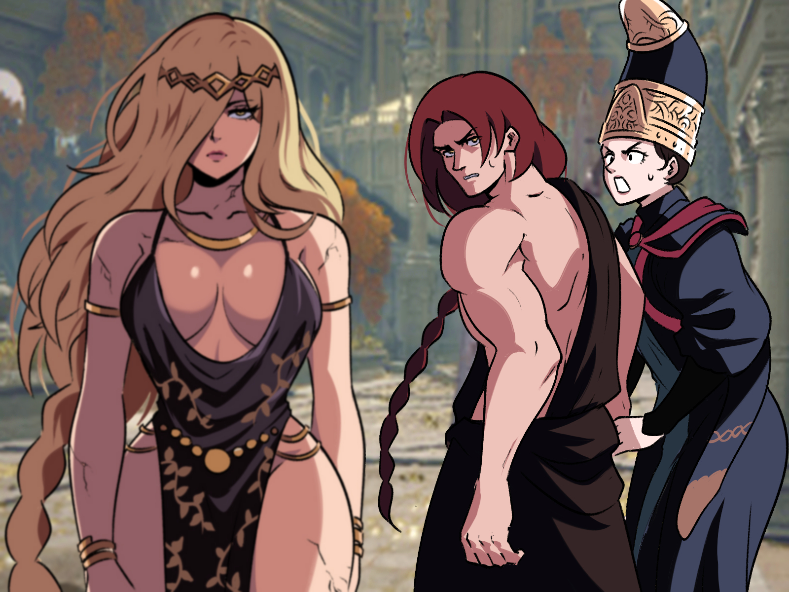 1boy, 2girls, 4:3, alternate hairstyle, angry face, asymmetrical bangs, bare shoulders, big breasts, black dress, black hair, black robe, blonde hair, blue robe, bracelet, braid, braided hair, breasts, canon couple, characterful, cleavage, clothed female, clothed male, cracked skin, diadem, distracted boyfriend, double slit dress, dress, elden ring, female, fromsoftware, funny, goddess, hat, high slit dress, highres, jealous, jewelry, large breasts, light skin, light-skinned female, light-skinned male, long hair, looking back, male, meme, milf, muscular, muscular male, neutral expression, pale skin, pale-skinned female, pointy hat, queen marika the eternal, radagon of the golden order, red hair, rennala queen of the full moon, robe, selfcest, surprised, thick thighs, tinafate1, walking towards viewer, wide hips