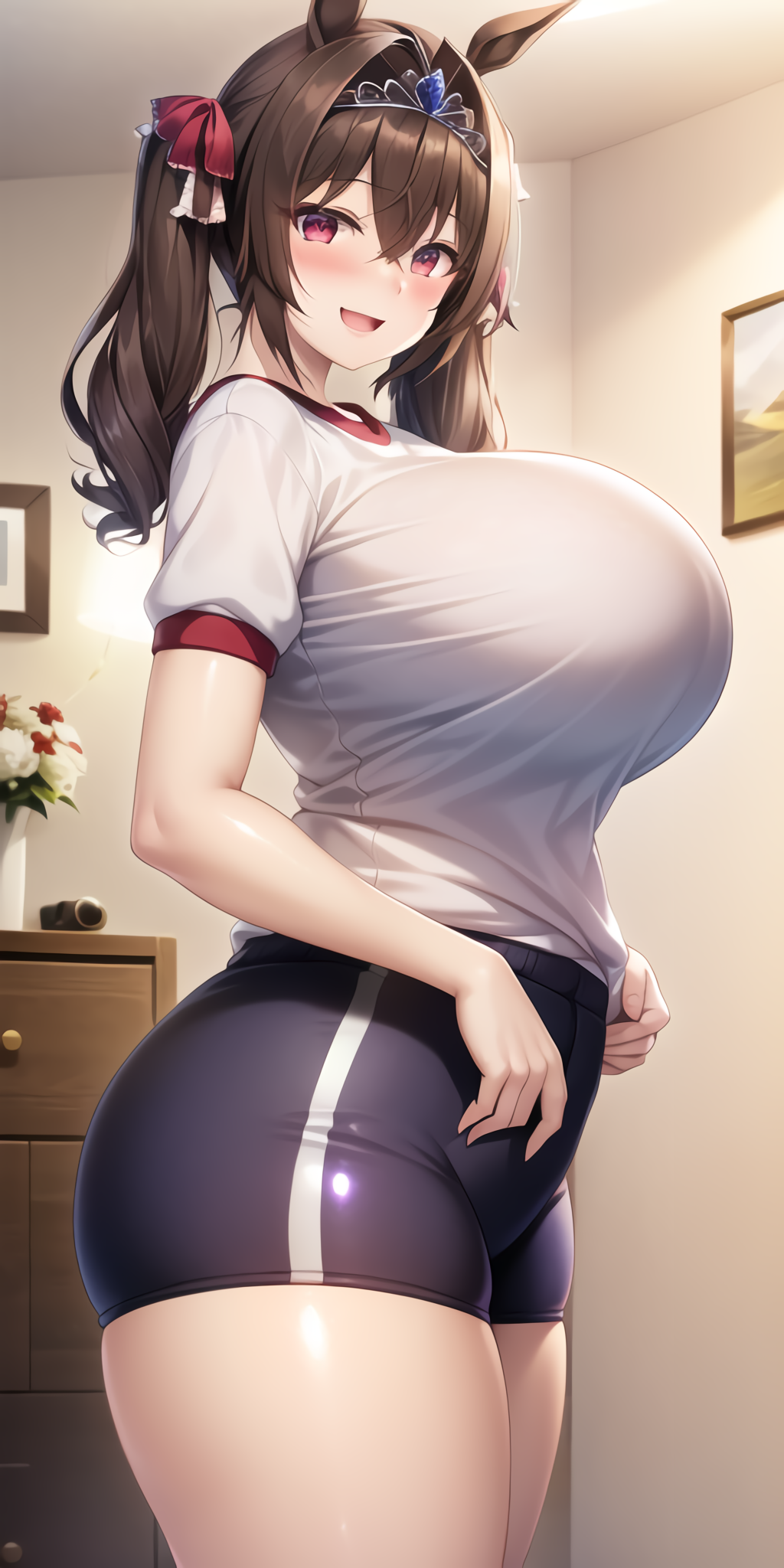 1girls 2020s 2023 ai_generated ambiguous_race animal_ears bedroom bloomers blush breasts brown_hair camera daiwa_scarlet_(umamusume) drawers eyebrows_visible_through_hair female flowers gym_shorts happy horse_girl huge_breasts indoors light-skinned_female light_skin long_hair manga picture_frames plants plump red_eyes shiny_bottomwear shiny_hair shiny_skin shirt shorts side_view smile solo solo_female stable_diffusion standing teenage_girl teenager thick_thighs tiara tight_bottomwear twintails two_tone_bottomwear two_tone_bottomwear_(black&white) two_tone_topwear two_tone_topwear_(redandwhite) umamusume