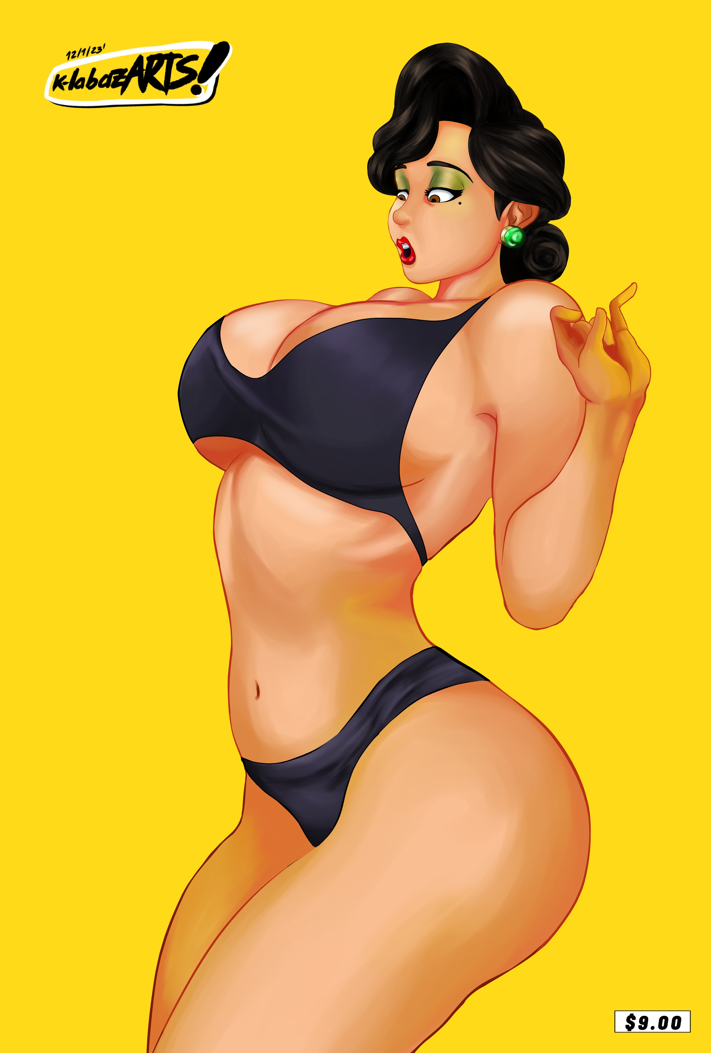 1girls, big breasts, bikini, black hair, breasts, english text, female, female focus, female only, klabazarts, light skin, light-skinned female, milf, ming lee, mole, mole under eye, mother, pixar, thick thighs, turning red