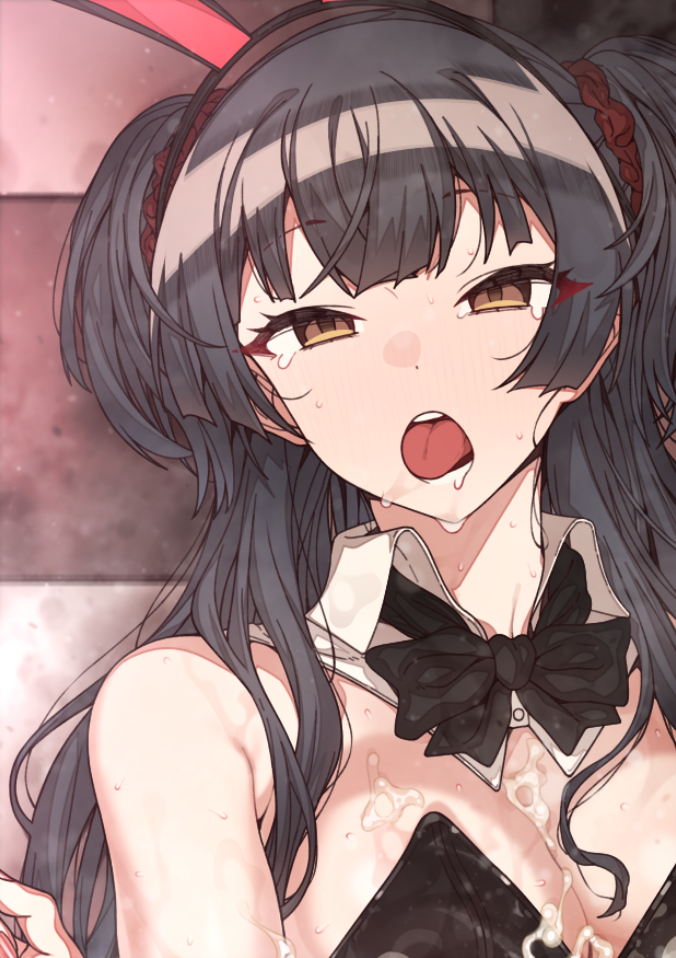 animal_ears bangs bare_shoulders black_hair blush bow bowtie breasts brown_eyes bukkake cleavage cum cum_on_body cum_on_breasts detached_collar empty_eyes erere fake_animal_ears female idolmaster idolmaster_shiny_colors long_hair lying mayuzumi_fuyuko on_back open_mouth playboy_bunny rabbit_ears solo sweat teeth tongue tongue_out two_side_up variant_set