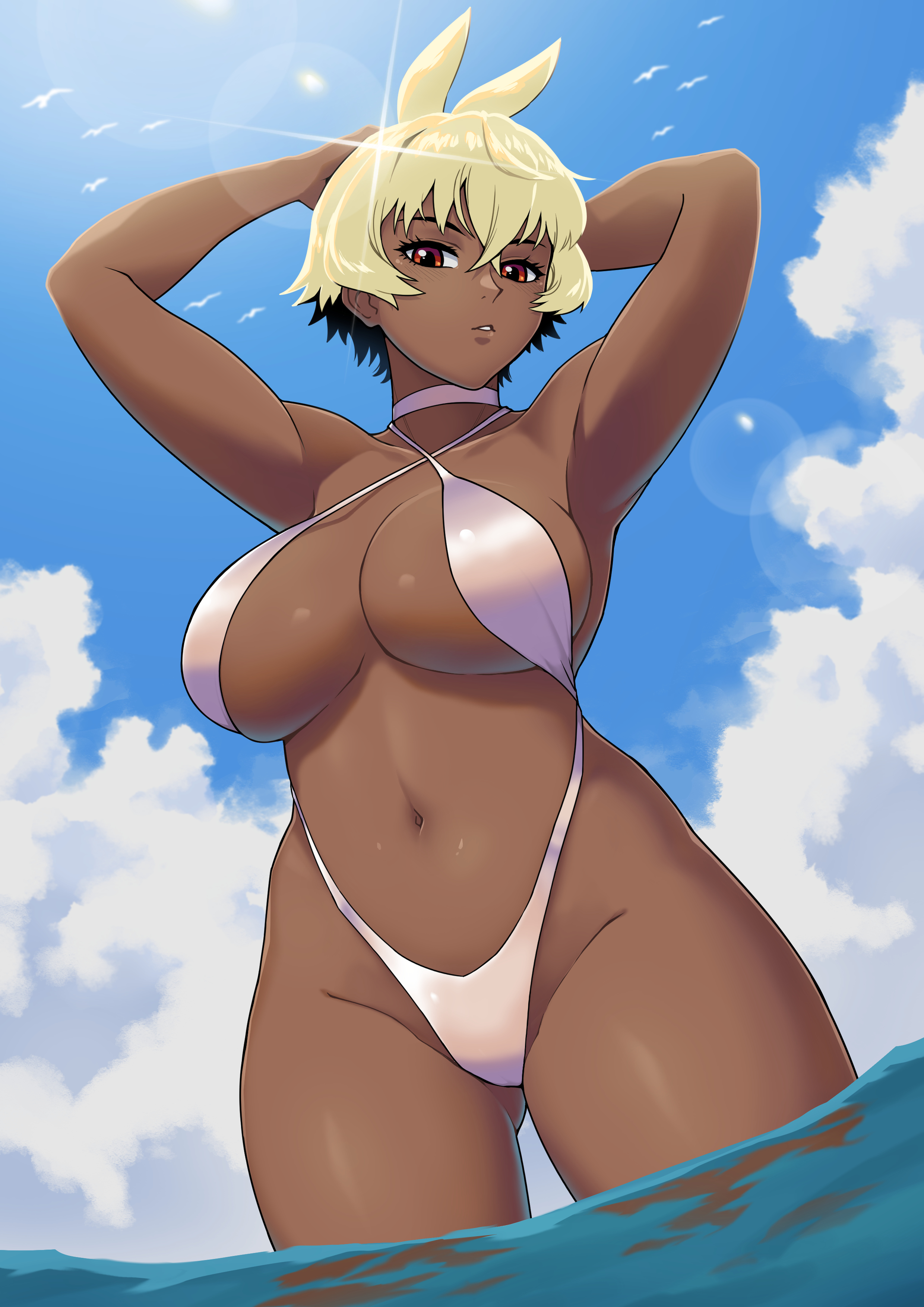 1girls, armpits, arms behind head, belly, big breasts, bikini, black hair, blonde hair, breasts, choker, cloud, clouds, covered nipples, covering breasts, dark skin, dark-skinned female, female, female only, large breasts, oc, orange eyes, original, original character, original characters, pose, saki (sambalteracy), sambalteracy, short hair, sky, solo, solo female, solo focus, stomach, string bikini, string panties, thick legs, thighs, tummy, two-tone hair, very short hair, yellow hair