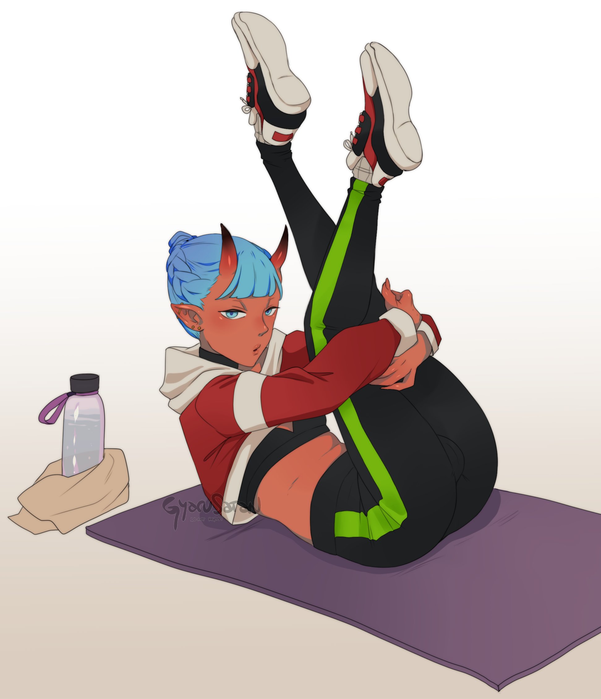 1futa, 2022, balls, bangs, blue eyes, blue hair, bottle, braided hair, breasts, bulge, clothed, clothing, fully clothed, futa only, futanari, gyarusatan, hi res, holding legs, horns, humanoid, intersex, legs up, looking at viewer, on back, oni, oni horns, pointy ears, red skin, short hair, solo, sportswear, sui (suikisses), water bottle, yoga mat, yoga pants