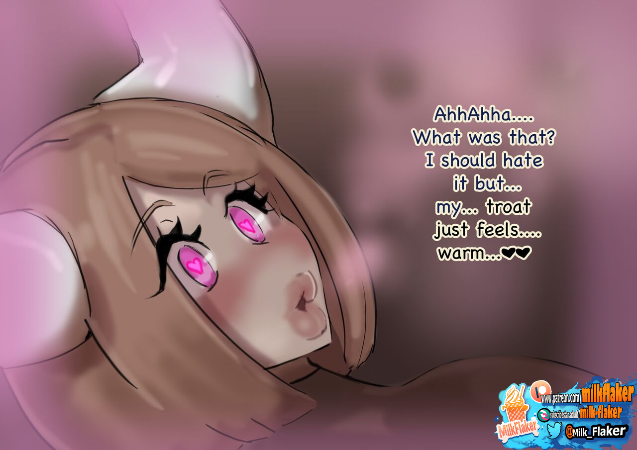 1girls, aroused, artist logo, artist name, blush, comic, corruption, english text, female, heart-shaped pupils, horns, light brown hair, medium hair, milk flaker, original, parted lips, patreon logo, patreon username, pink eyes, pink theme, sidelocks, subscribestar logo, subscribestar username, swept bangs, thick eyelashes, thick lips, twitter logo, twitter username, uncensored, watermark, web address