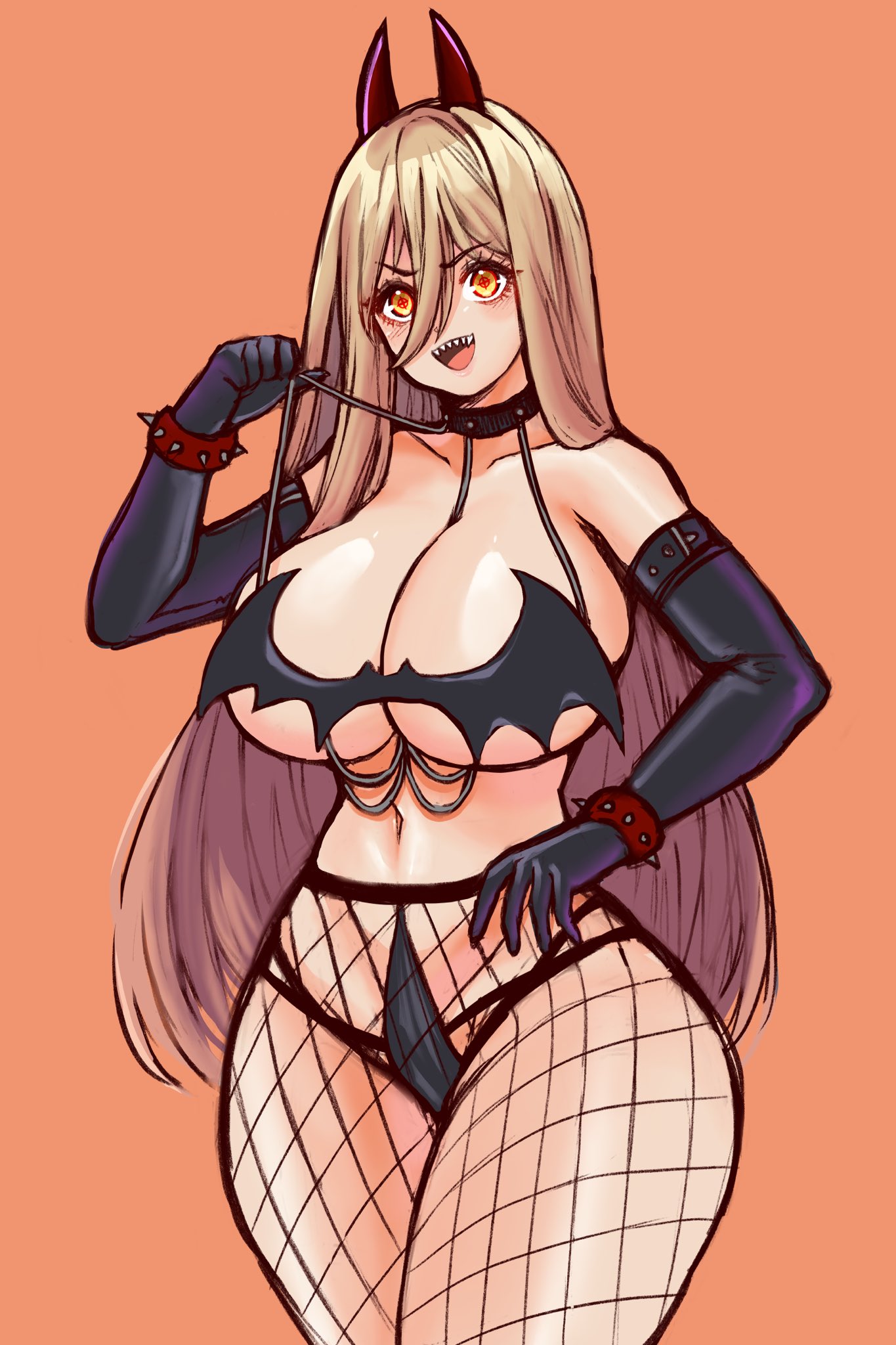 1girls, big breasts, breasts, chainsaw man, demon horns, female, fishnet pantyhose, horn, horns, jojoniumart, light skin, light-skinned female, looking at viewer, panties, power (chainsaw man), thick thighs, voluptuous, voluptuous female, wide hips