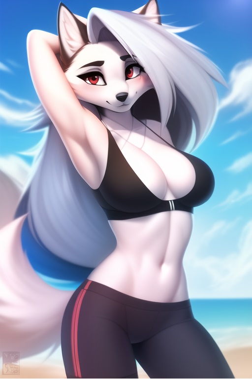 1girls, ai generated, beach, breasts, female, furry, furry female, grey hair, hardboildchicken, helluva boss, long hair, loona (helluva boss), midriff, ocean, red eyes, wolf ears, wolf girl, wolf tail