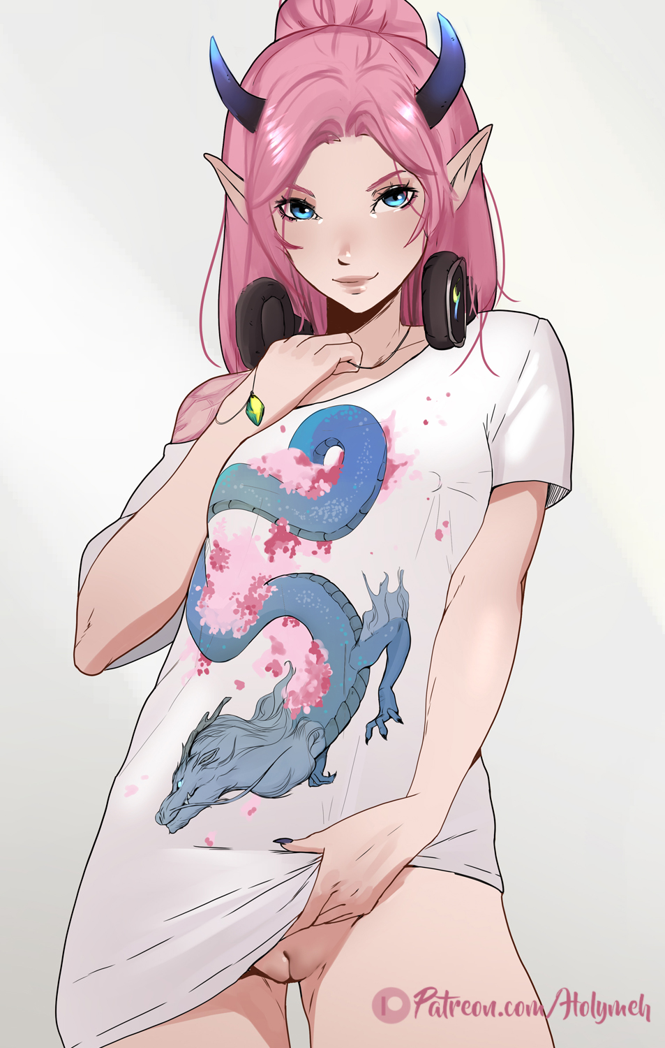 1girls blue_eyes bottomless clothes_lift female headphones headphones_around_neck hidden_curves highres holymeh horns lifted_by_self long_hair looking_at_viewer original oversized_shirt pink_hair pointy_ears print_shirt pussy shirt shirt_lift solo t-shirt uncensored web_address white_background