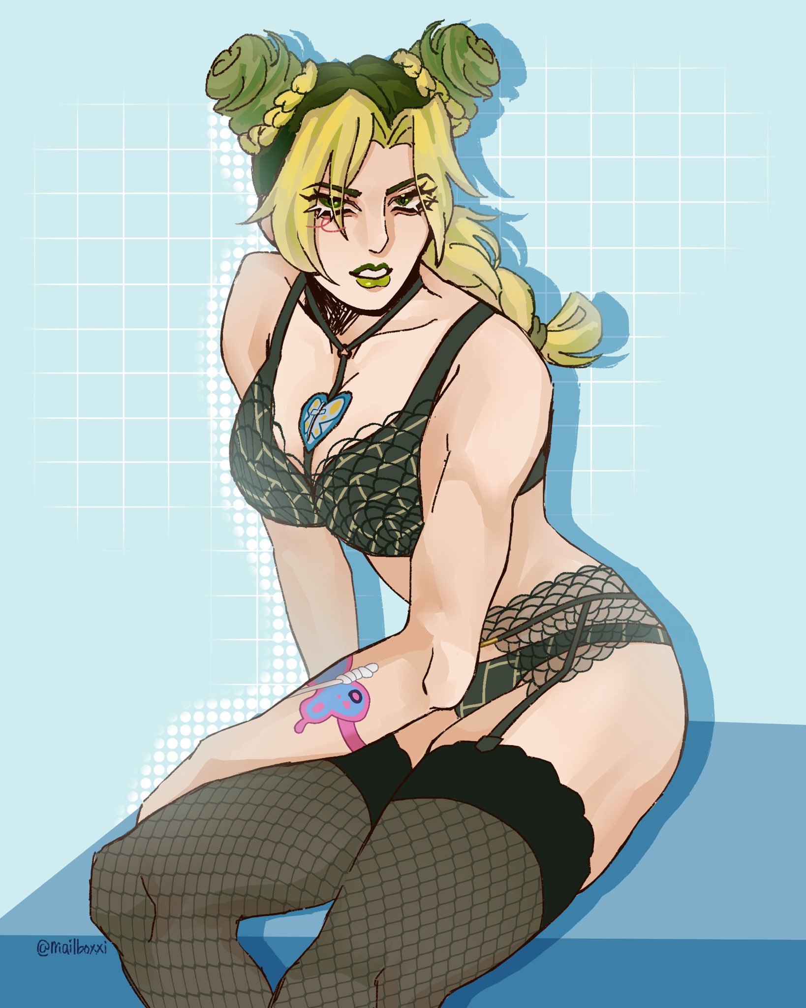 1girls, female, female only, jojo's bizarre adventure, jolyne kujo, lingerie, looking at viewer, mailboxxi , posing, solo, stone ocean, tattoo