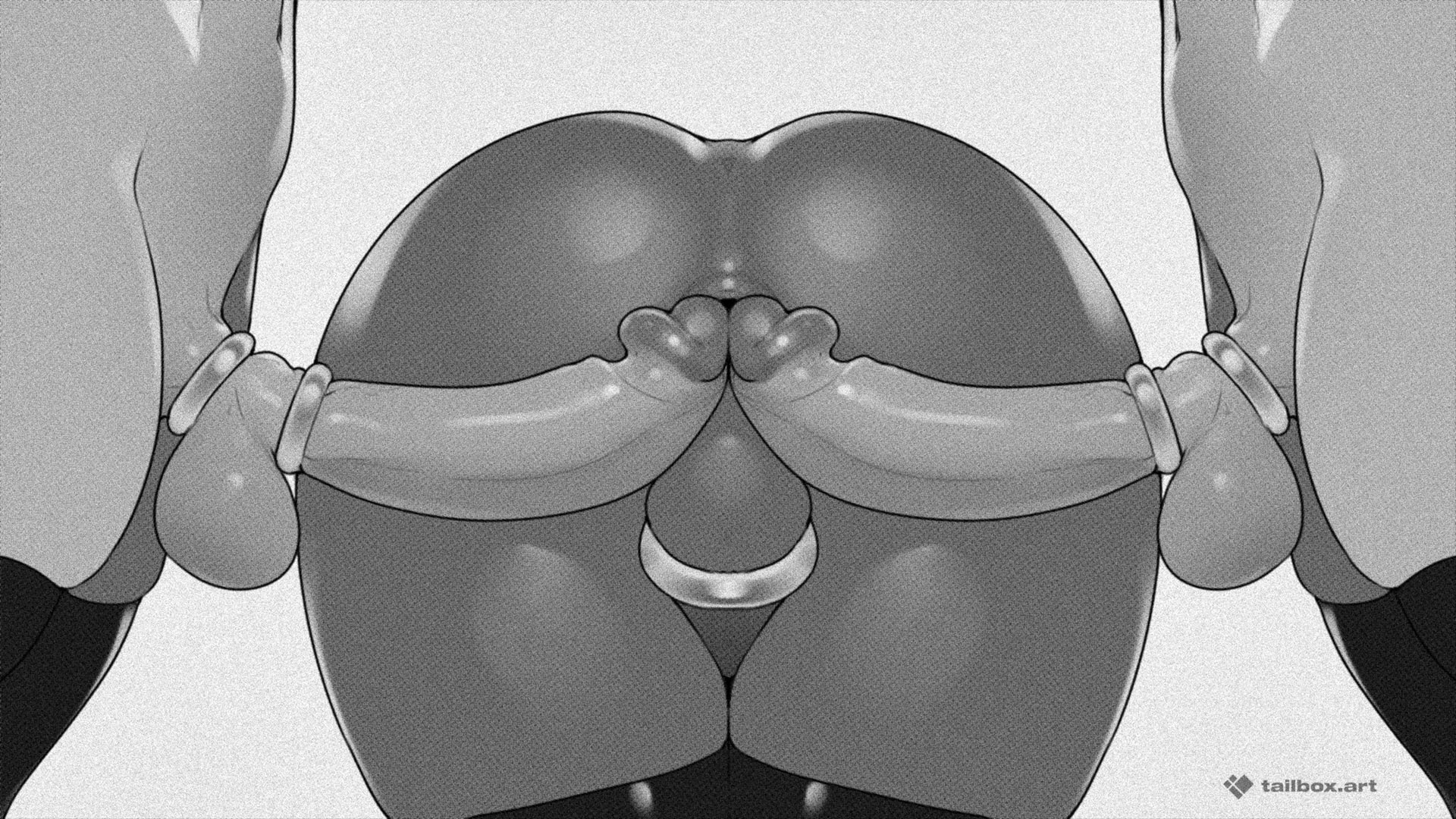 3boys, anus, artist logo, artist name, ass, balls, ballsack, close-up, cock ring, erection, foreskin, foreskin folds, from behind, fully retracted foreskin, gay, gay sex, greyscale, humanoid penis, inner foreskin, male, male only, monochrome, mostly nude, mostly nude male, partial male, penis, retracted foreskin, scrotum, shaved crotch, smooth penis, tailbox, testicles, thighhighs, uncircumcised, uncut
