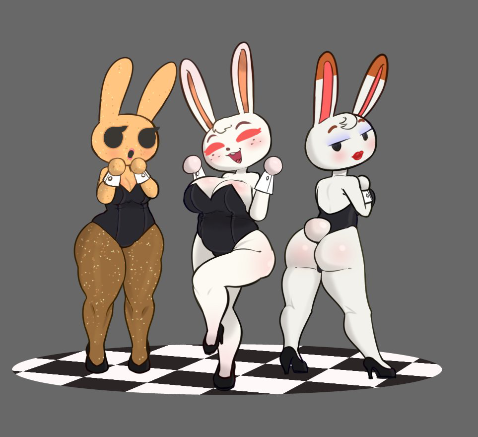 3girls animal_crossing anthro ass big_ass big_breasts breasts bunnysuit cleavage clothing coco_(animal_crossing) female female_only freckles fur furry lipstick littleedbaby looking_back nintendo rabbit ruby_(animal_crossing) standing tail thick_thighs tiffany_(animal_crossing) trio video_games wide_hips