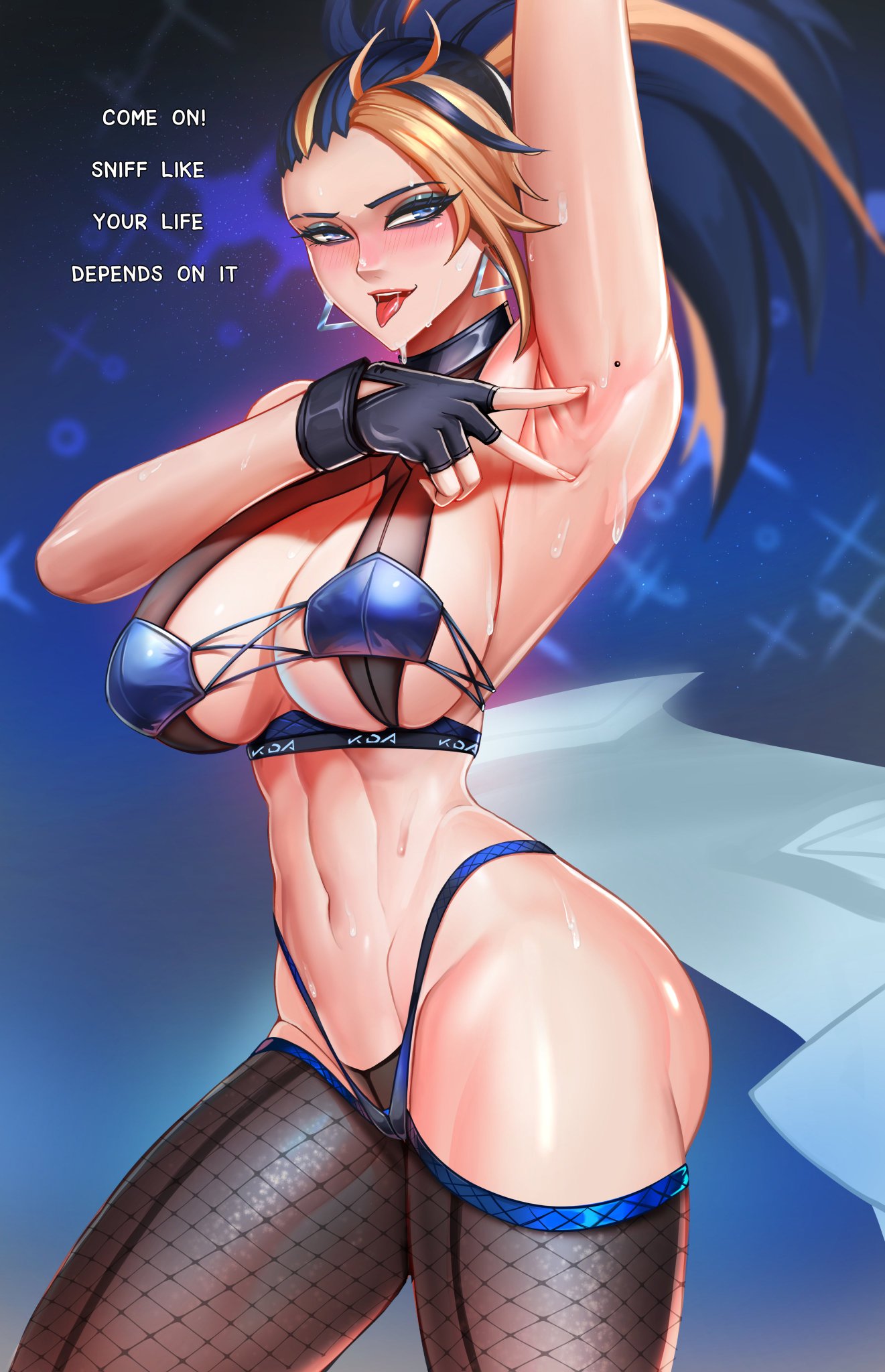 akali, armpits, badcompzero, big breasts, blue eyes, breasts, english text, female, female only, fishnets, k/da akali, k/da all out akali, k/da all out series, k/da series, league of legends, revealing clothes, riot games, skimpy clothes, tagme, text, thick thighs, tongue, tongue out