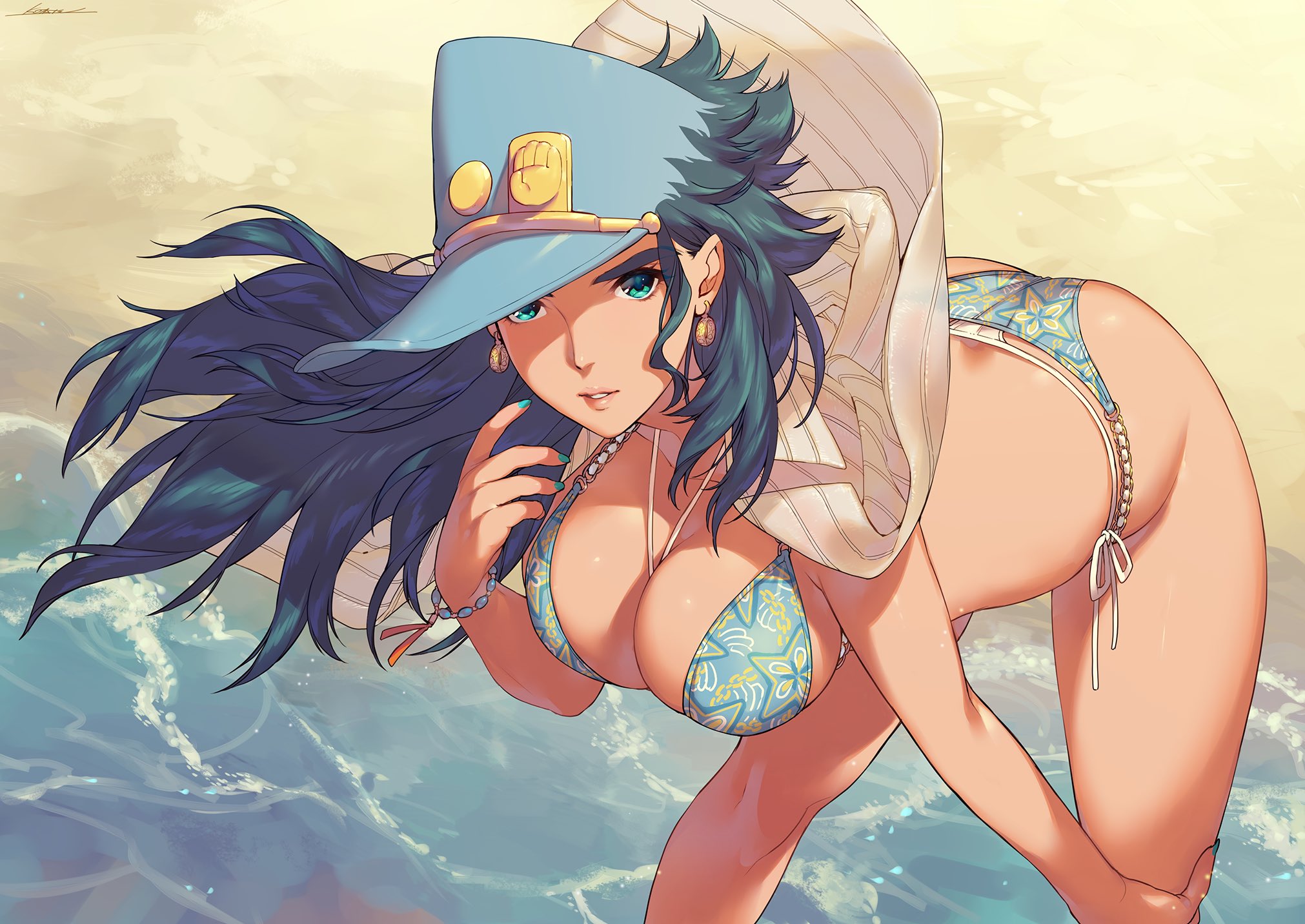 1girls, beach, bikini, black hair, blue eyes, breasts, diamond is unbreakable, female, female jotaro, hat, human, jojo's bizarre adventure, jotaro kujo, light skin, light-skinned female, long hair, outdoors, rule 63, shounen jump, solo, solo female, ugs kotatsu