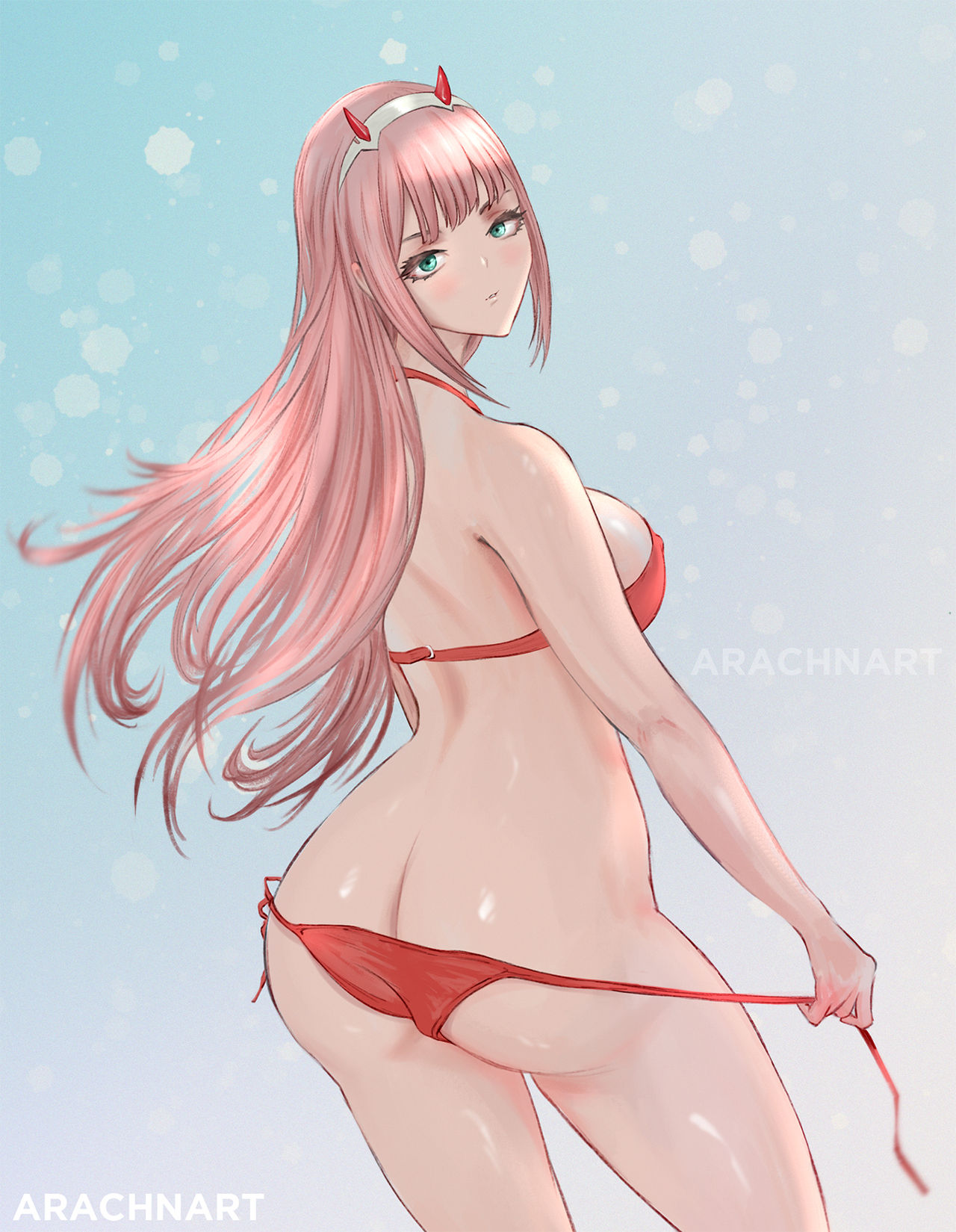 1girls, arachnart, breasts, breasts out, darling in the franxx, female, horns, long hair, looking at viewer, nude, nude female, pink hair, pussy, solo, zero two (darling in the franxx)