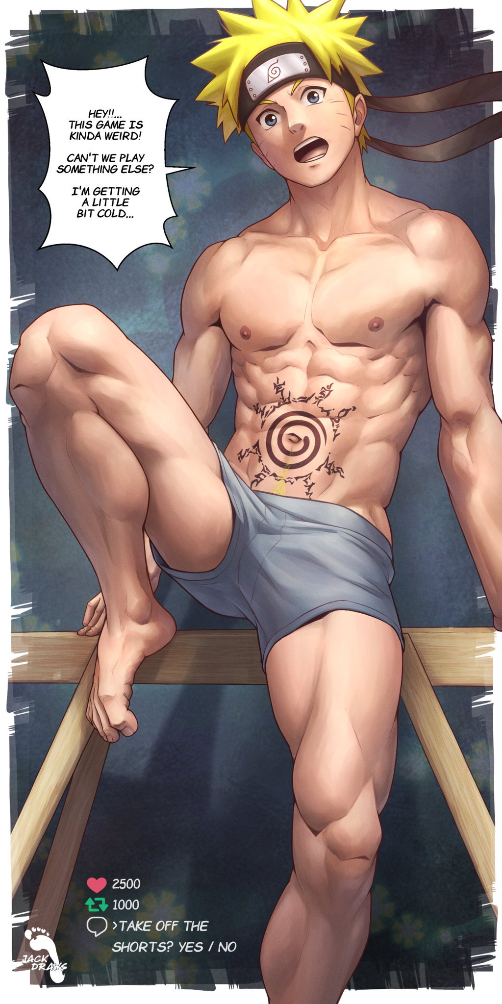 1boy feet gay headwear jackdraws male male_only muscles muscular_male naked_footwear naruto naruto_(series) shirtless solo solo_male stripping uzumaki_naruto yaoi