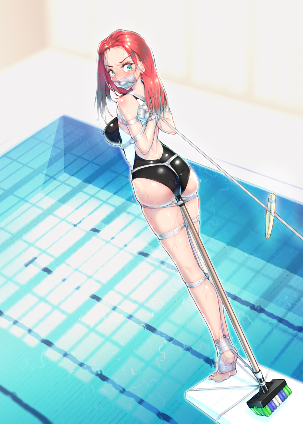 1girls angry arms_behind_back arms_tied_behind_back bangs bare_arms bare_legs bare_shoulders barefoot blue_eyes blush bondage bound broom chopsticks competition_swimsuit day daytime diving_board female_only full_body gag hidden_(pixiv_46421548) highres improvised_gag indoors leaning_forward legs_together light-skinned_female long_hair looking_at_viewer looking_back looking_back_at_viewer medium_breasts one-piece_swimsuit orange_hair pool predicament_bondage red_hair restrained solo swimsuit tape tape_gag taped_hands tiptoes