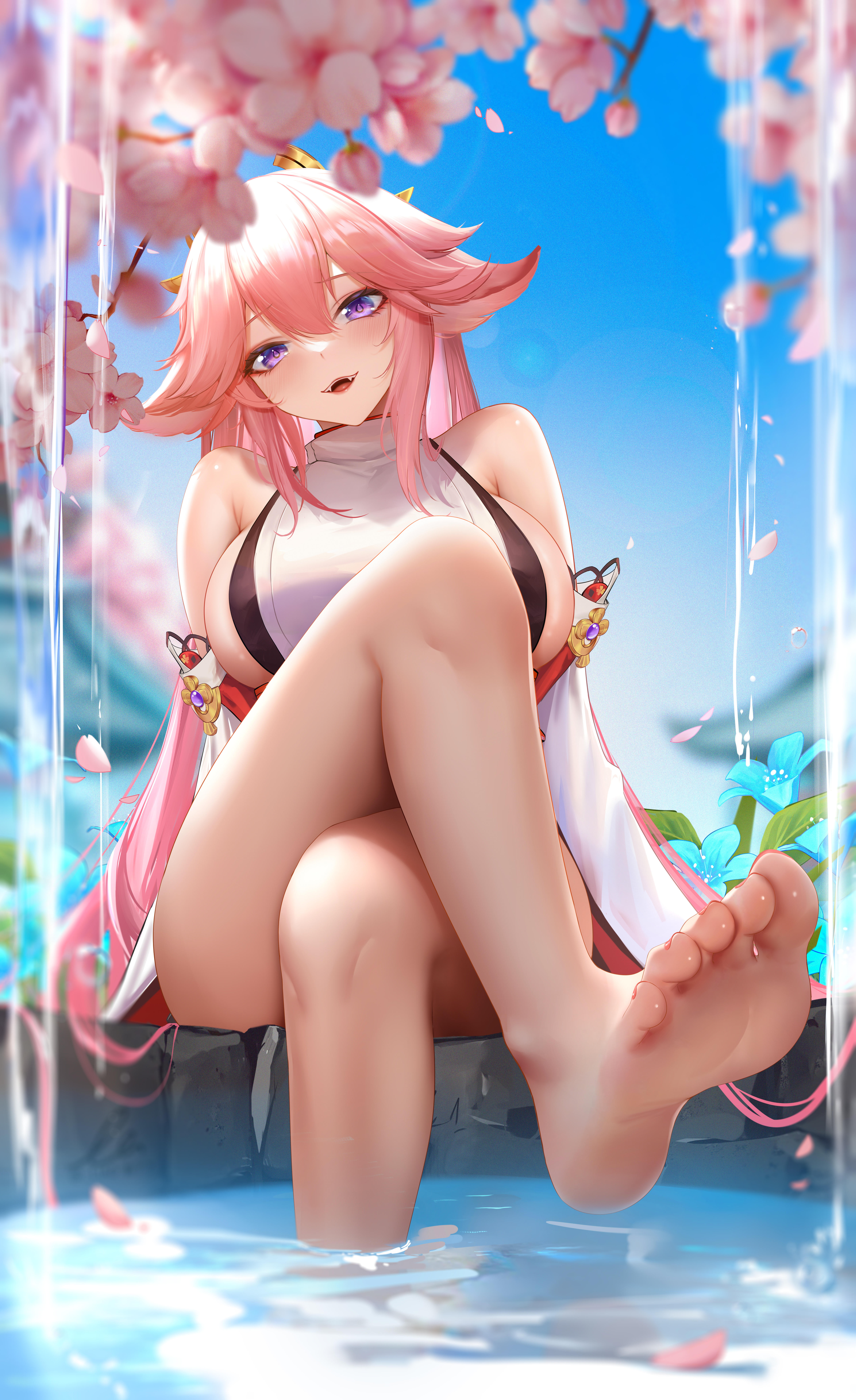 1girls, absurd res, animal ears, big breasts, breasts, cherry blossoms, crossed legs, feet, female, female only, genshin impact, hair ornament, hi res, highres, large breasts, legs, liu liaoliao, long hair, looking at viewer, outdoors, outside, petals, pink hair, purple eyes, sideboob, sitting, sky, smile, soles, solo, solo female, thick, toes, voluptuous, water, yae miko