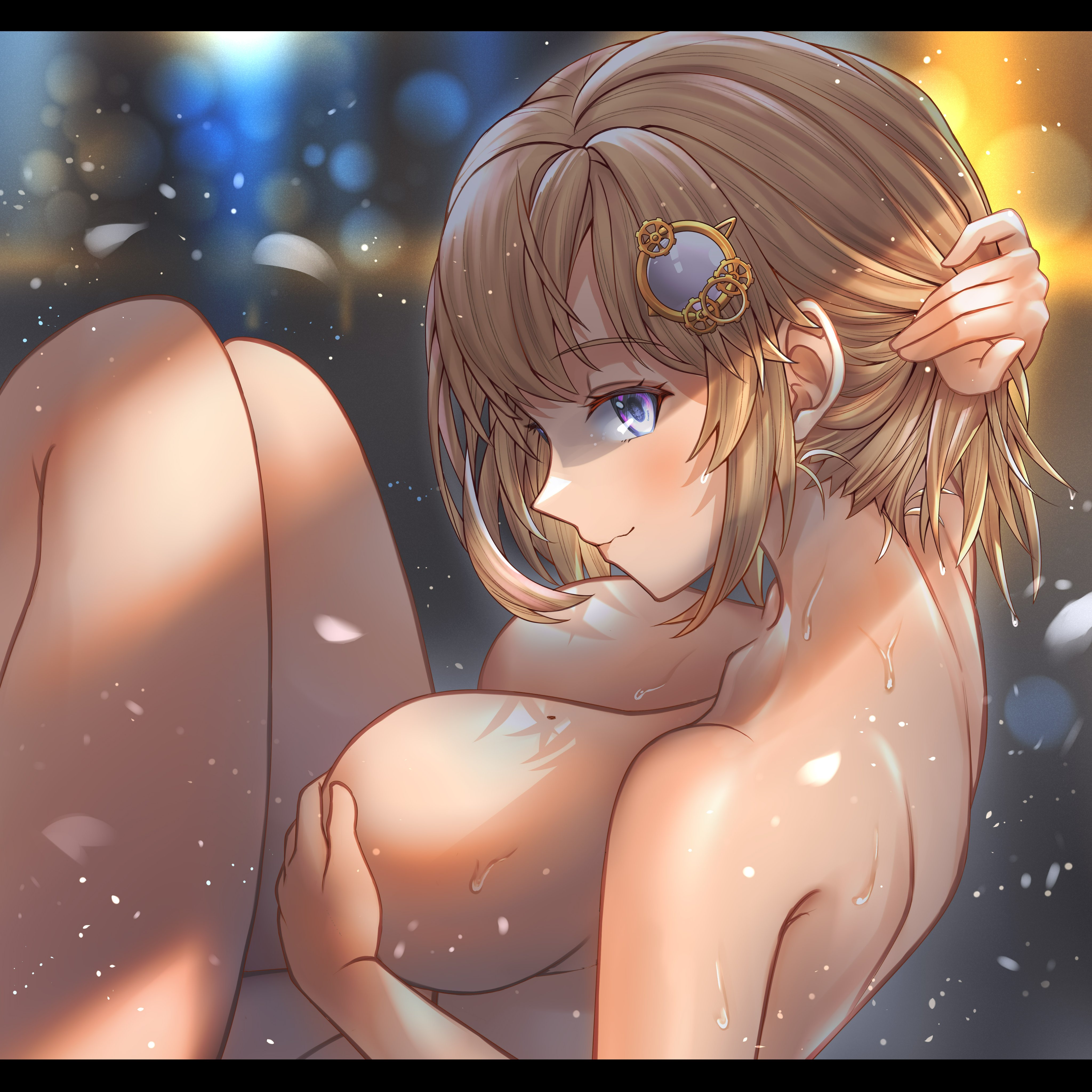 1girls, big breasts, blonde hair, blue eyes, breasts, ear, eyebrows visible through hair, female, female only, hair ornament, hand on own breast, highres, hololive, hololive english, hololive myth, honkivampy, light skin, light-skinned female, naked, nude, nude female, solo, solo female, virtual youtuber, watson amelia, wavy mouth, wet