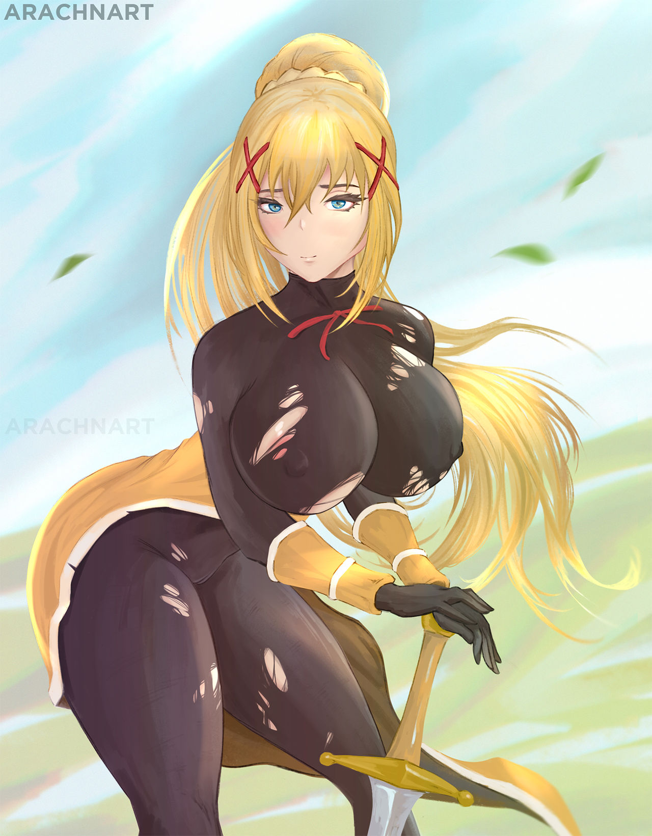 1girls, arachnart, blonde hair, blue eyes, breasts, covering breasts, crossover, darkness (konosuba), female, female only, hair ornament, hips, holding object, huge breasts, kono subarashii sekai ni shukufuku wo!, solo