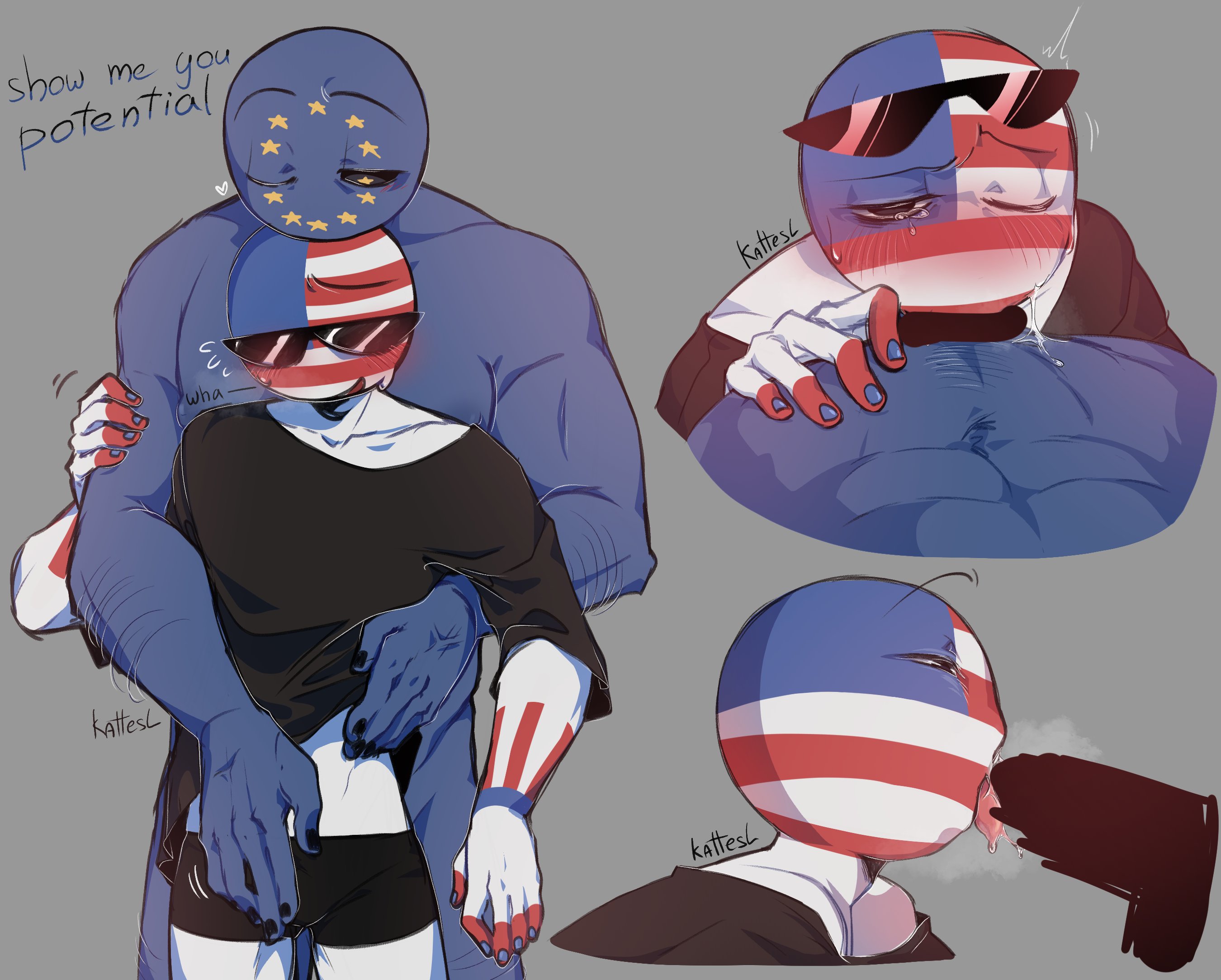 2boys, anthro, blue background, blush, clothing, countryhumans, european union (countryhumans), fellatio, gay, gay blowjob, male, male only, oral, simple background, united states of america (countryhumans), yaoi