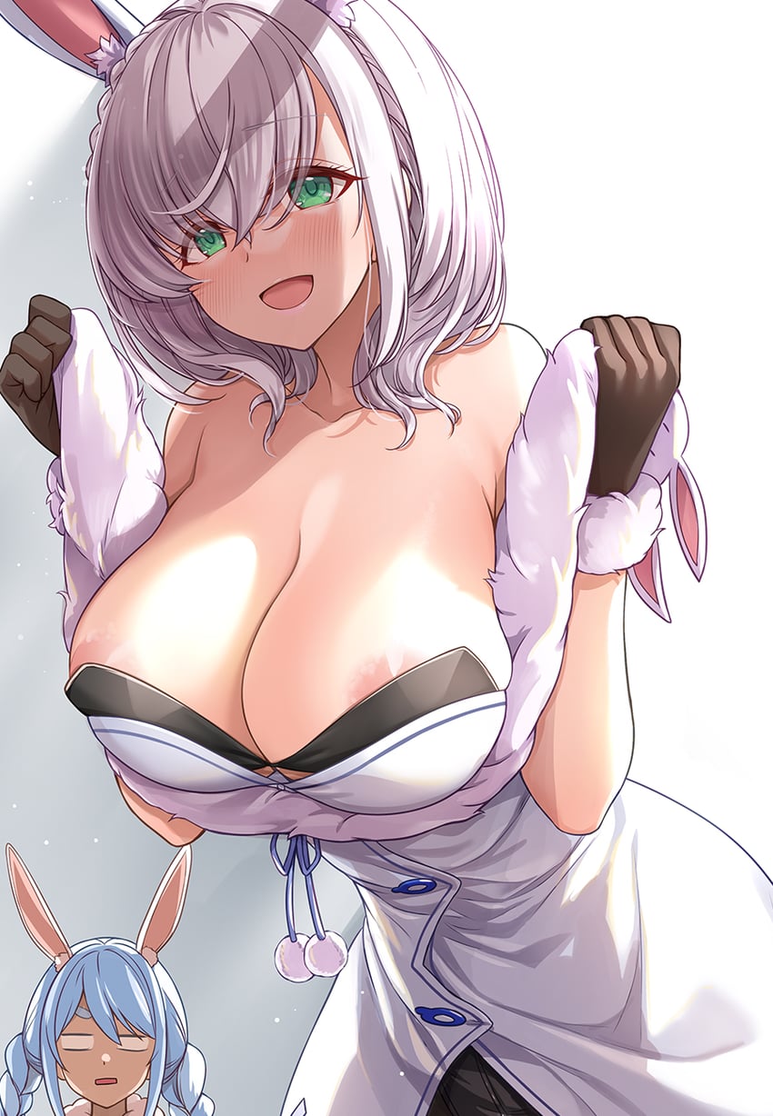 2girls blue_hair bunny_ears eyebrows_visible_through_hair fake_rabbit_ears female female_only gloves green_eyes grey_hair hololive hololive_fantasy hololive_japan jaw_drop large_breasts mk_(mod0) multiple_girls nipples shirogane_noel short_hair smile usada_pekora usada_pekora_(cosplay) virtual_youtuber