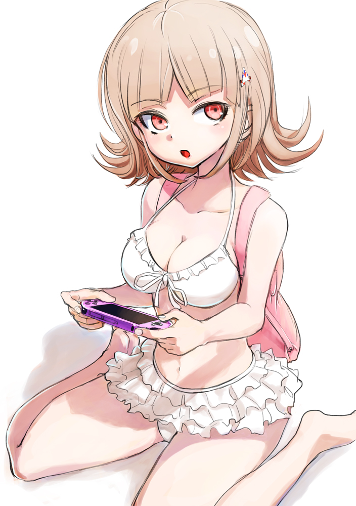 2023 :o backpack bag big_breasts bikini bikini_skirt blush breasts brown_hair cleavage danganronpa danganronpa_2:_goodbye_despair danganronpa_s:_ultimate_summer_camp eyebrows eyebrows_visible_through_hair eyes female flipped_hair frilled_bikini frills front-tie_top game_controller hair_ornament hairclip handheld_game_console holding_game_controller holding_object hood hoodie large_breasts medium_hair medium_length_hair nanami_chiaki official_alternate_costume pink_hair playing_games playstation_portable red_eyes shading shadows short_hair simple_background simple_shading sitting solo straight_hair super_danganronpa_2 swimsuit tsunemi_aosa wariza white_background white_bikini white_bikini_bottom white_bikini_top