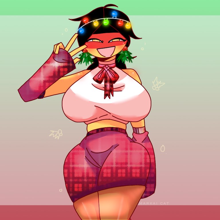 big breasts, big thighs, breasts, christmas, countryhumans, countryhumans girl, female, germany (countryhumans), markai cat, smile