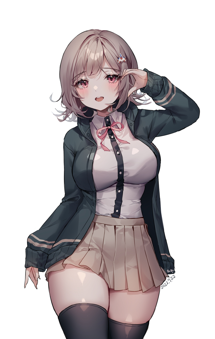1girls, 2022, breasts, clothed, cute, danganronpa, danganronpa 2: goodbye despair, female, female only, hair ornament, heart hands, jacket, large breasts, legwear, medium hair, nanami chiaki, open jacket, open mouth, pink eyes, ribbon, shiro albino, shirt, skirt, smile, solo, stockings, straight hair, super danganronpa 2, tagme, thick thighs, thighhighs, white background