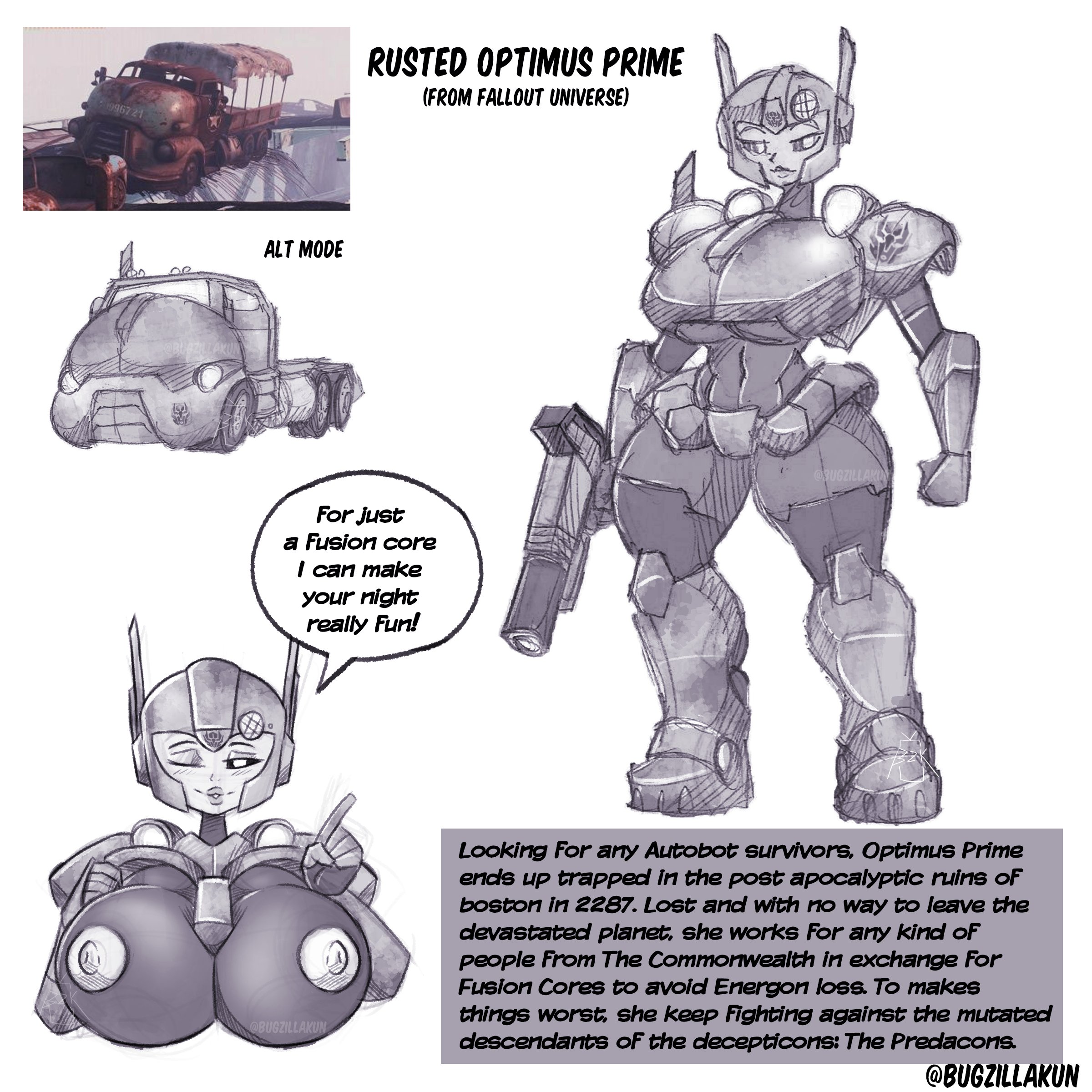 abs, alternate mode (transformers), apocalypse, areolae, autobot, belt, black and white, boots, breasts, breasts bigger than head, breasts out, bugzilla, crossover, dialogue, fallout, female, gun, muscular, muscular female, optimus prime, robot, robot girl, robot/alternate modes, rule 63, solo, stockings, transformers