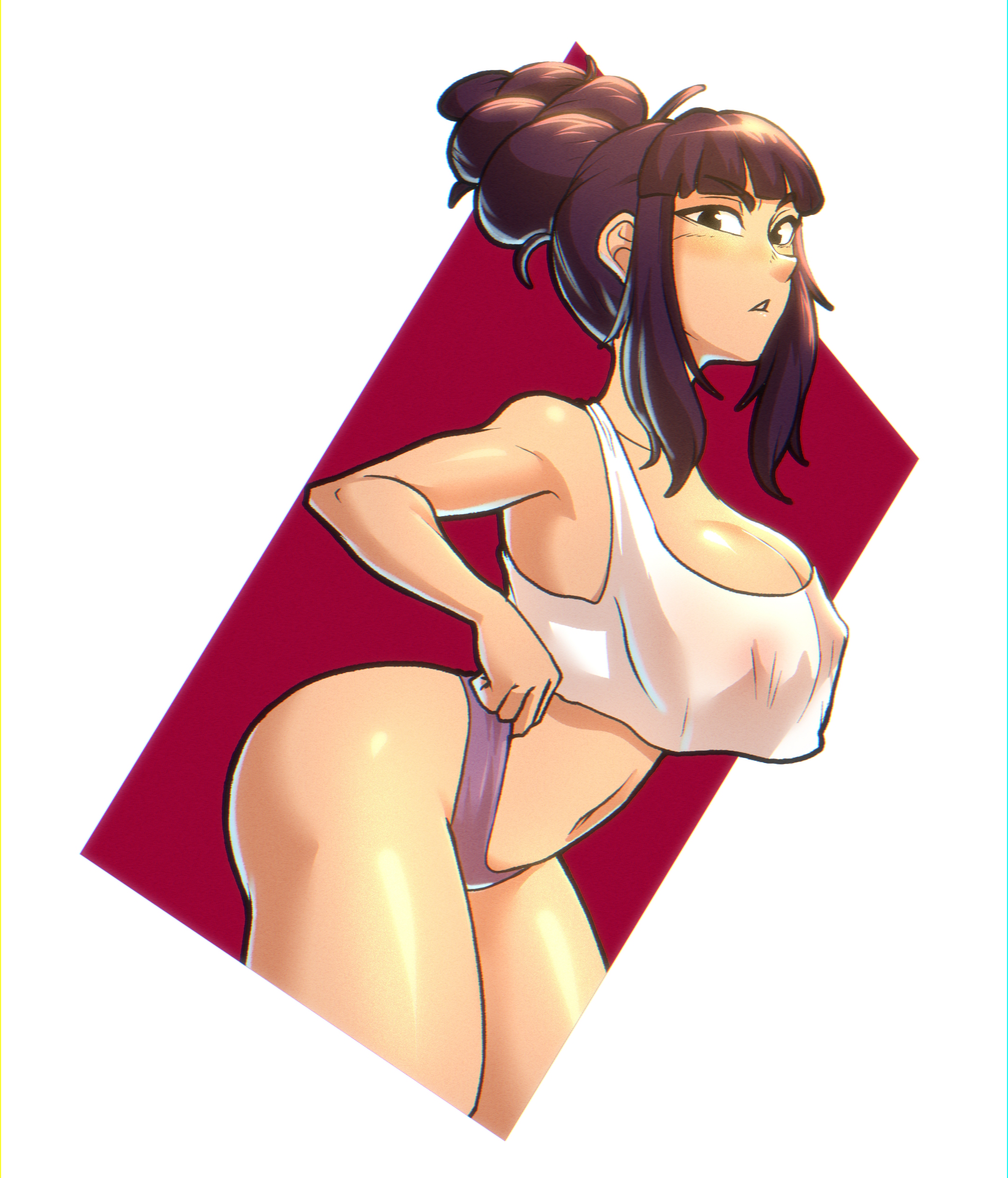 1girls, 2023, adjusting clothes, ass, beehive hairdo, big breasts, black eyes, breasts, busty, clavicle, cleavage, clothed, command grab, cowboy shot, erect nipples, erect nipples under clothes, female, female only, huge breasts, large breasts, legs, light skin, light-skinned female, looking at viewer, navel, nipples, notilustregui, original, original character, panties, purple hair, see-through clothing, shiny skin, sidelocks, simple background, solo, standing, tank top, thick thighs, thighs, tied hair, underwear, voluptuous, white background