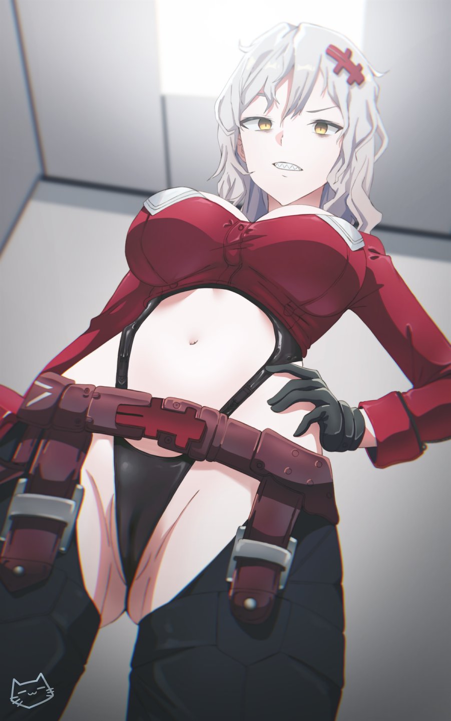ass visible from the front, bare stomach, belly button, belt, breasts, cameltoe, crotchless clothes, female, gloves, goddess of victory: nikke, hairclip, indoors, lights, looking at viewer, low-angle view, pale skin, pants, pussy, sharp teeth, shirt, silver hair, thong, visible pussy, yellow eyes, yulha