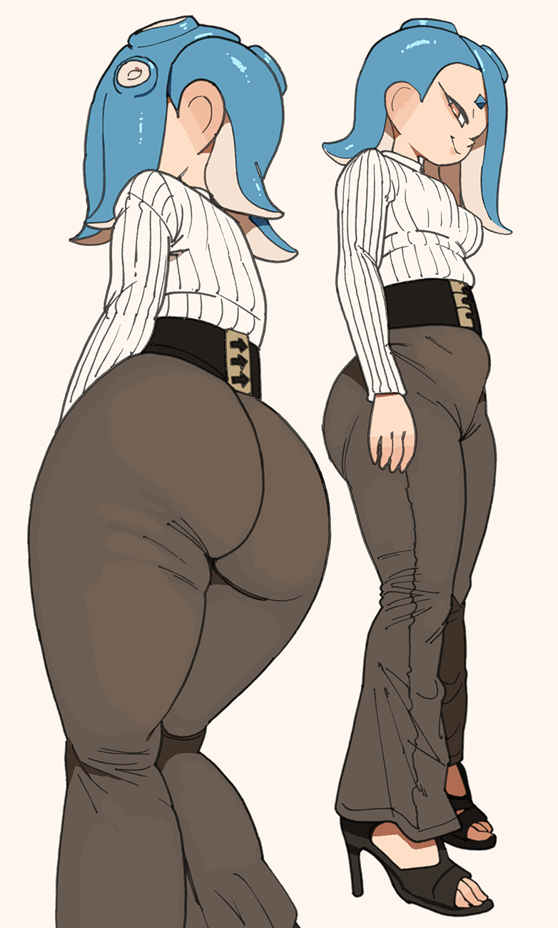 1girls, ass, ass focus, belly bulge, belt, belt buckle, big ass, black heels, black high heels, blue hair, breasts, brown pants, cephalopod, cephalopod humanoid, clothed, clothed female, clothing, ear, feet, female, flare pants, fully clothed, hair over one eye, heels, high heels, large ass, light skin, light-skinned female, long sleeves, medium hair, nintendo, octoling, plump ass, red eyes, ribbed sweater, shiver (splatoon), short hair, side view, sideass, small breasts, smile, splatoon, splatoon (series), splatoon 3, stomach bulge, sweater, tentacle hair, toeless footwear, white sweater, yuta agc