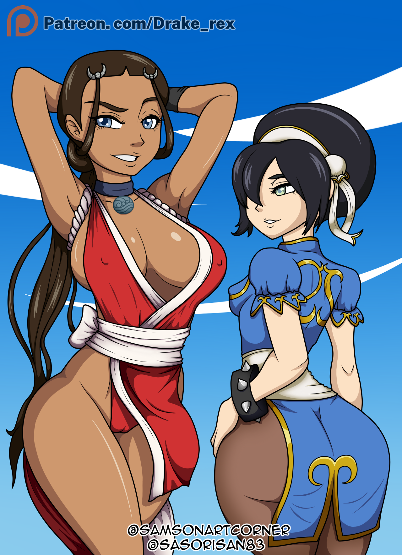 2girls, alternate breast size, armpits, arms behind head, ass, avatar the last airbender, big breasts, blind, blue eyes, bottom heavy, breasts, bubble ass, bubble butt, cameltoe, chun-li (cosplay), cleavage, clothing, confident, cosplay, curvy, dark skin, dark-skinned female, earth kingdom, erect nipples, erect nipples under clothes, female, female only, going commando, hair loopies, hair ornament, hair ribbon, hourglass figure, inuit, katara, king of fighters, large breasts, light skin, light-skinned female, looking at viewer, mai shiranui (cosplay), nipples, nipples visible through clothing, no bra, no panties, pale skin, pale-skinned female, pantyhose, pelvic curtain, pose, posing, presenting breasts, pussy, rear view, samson 00, sensual, sideboob, small breasts, smile, street fighter, teenager, thick thighs, toph bei fong, voluptuous, water tribe