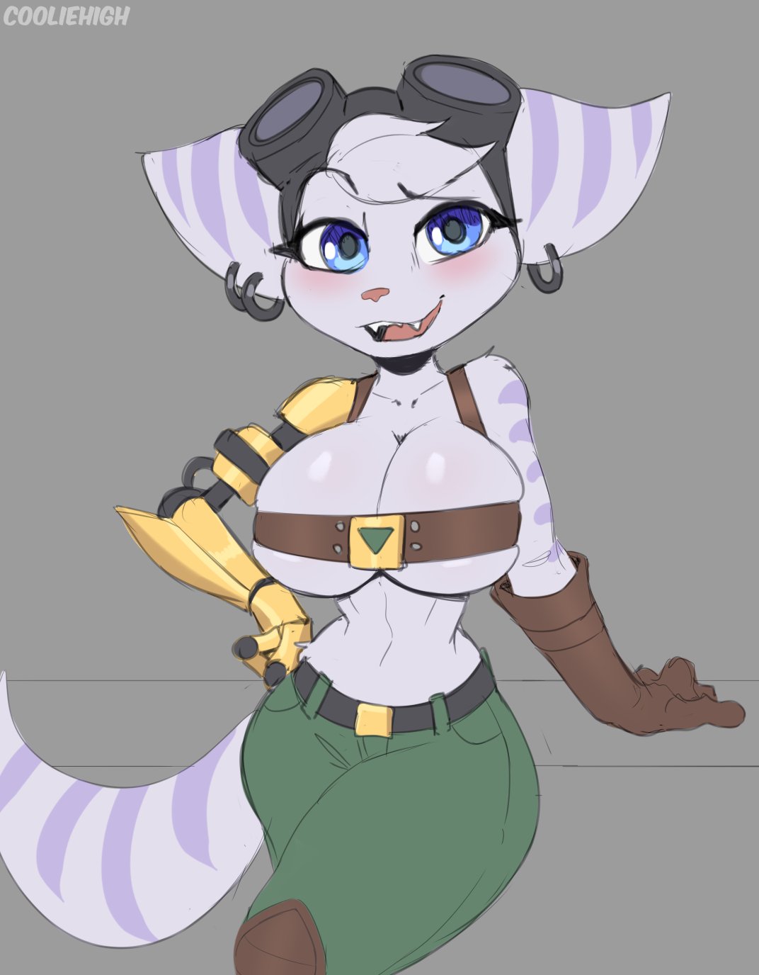 2023, 2d, anthro, artist name, belt, big breasts, blue eyes, blush, breasts, casual, clothing, cooliehigh, digital media (artwork), ear piercing, eyebrow raise, eyebrows, eyelashes, eyewear, female, footwear, furry, furry female, furry only, gloves, goggles, goggles on head, hair, hand on hip, handwear, insomniac games, lombax, looking at viewer, open mouth, open smile, piercing, ratchet (ratchet and clank) (cosplay), ratchet and clank, rivet (ratchet and clank), robotic arm, shortstack, smile, smiling at viewer, sony interactive entertainment, tagme, tail, teeth, underboob, white hair, white sclera