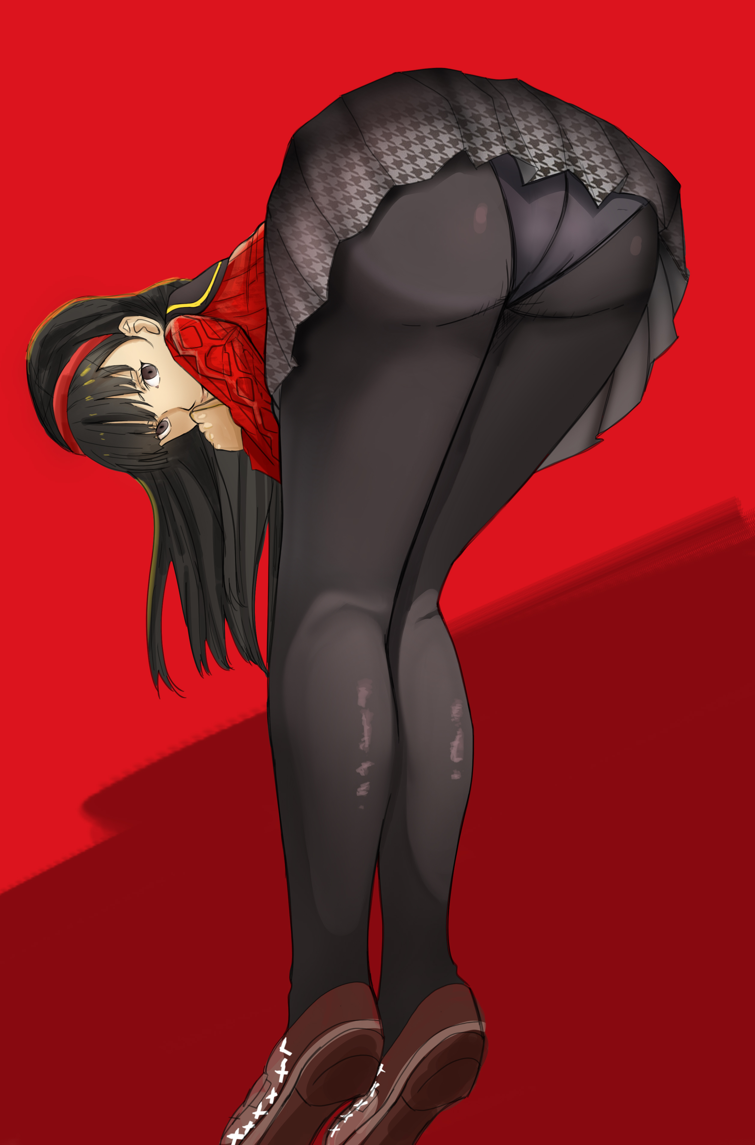 1girls, 2023, amagi yukiko, ass, ass focus, bending over, bent over, black hair, brown eyes, clothed, female, female only, headband, long hair, panties, pantyhose, persona, persona 4, red background, rei nogami, school uniform, tagme, upskirt