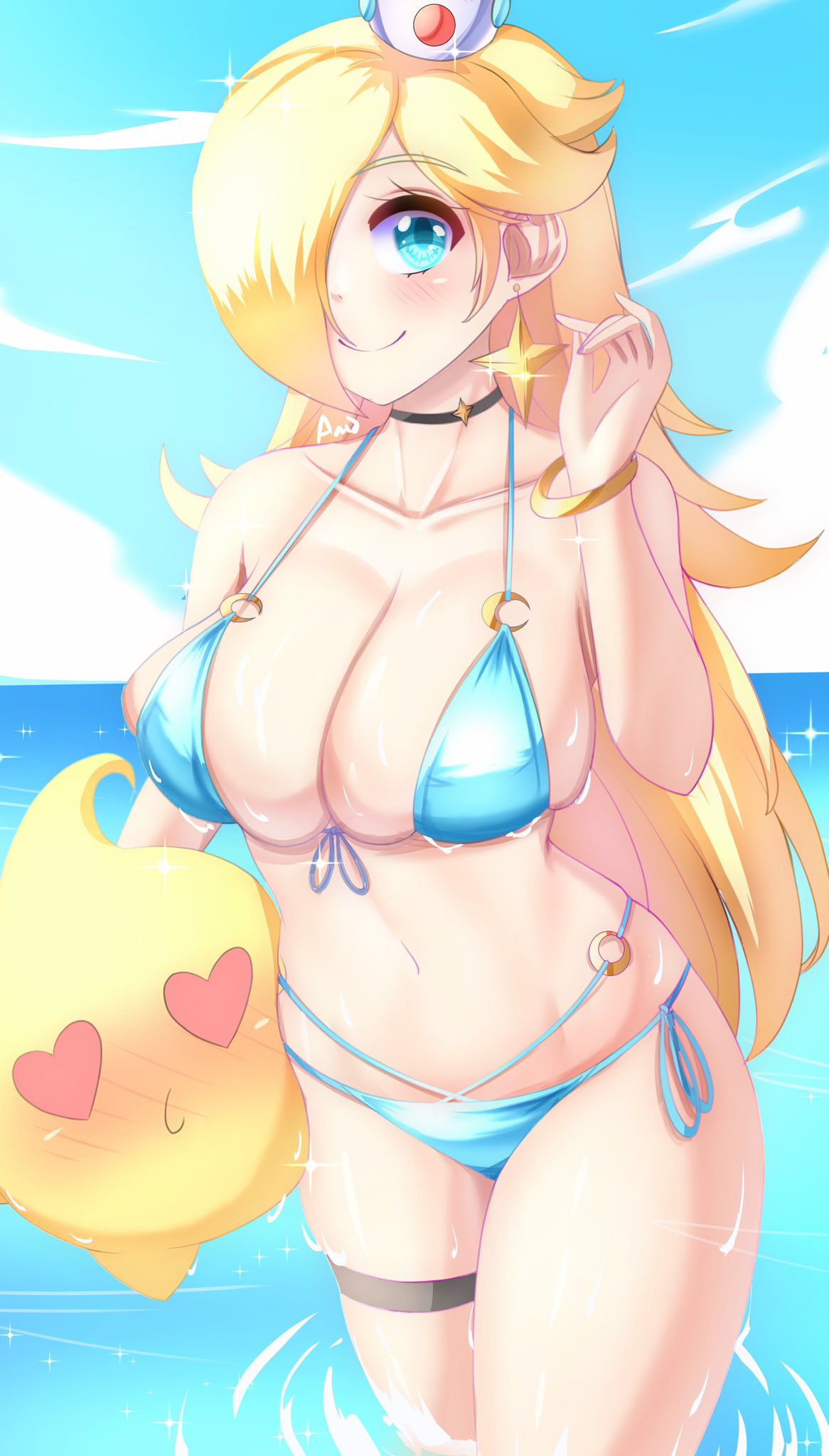 1girls, anisdrawn, bikini, blonde hair, blue eyes, blush, breasts, female, female only, heart-shaped pupils, looking at viewer, luma, mario (series), nintendo, outdoors, outside, princess rosalina, sea, solo, tagme