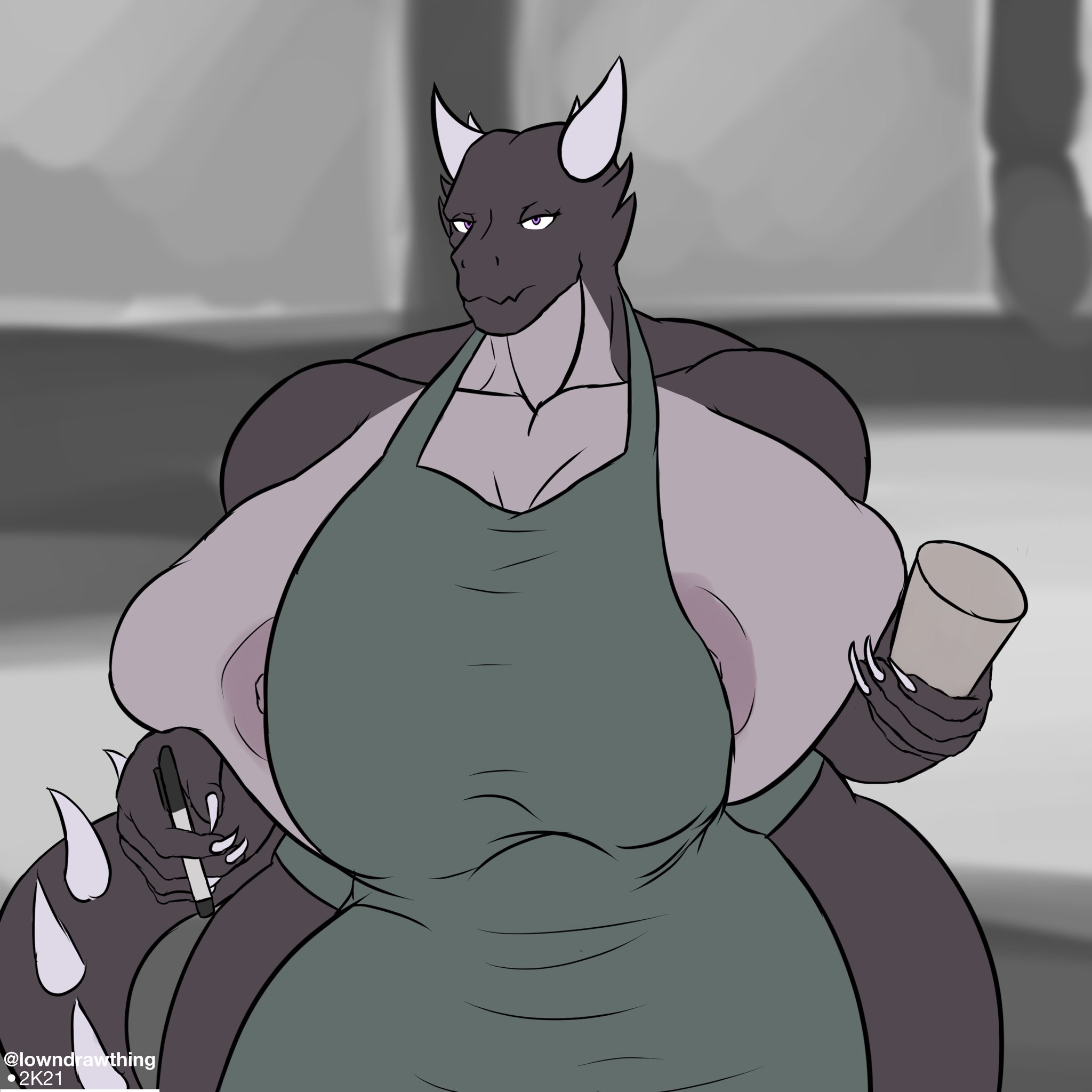 2d, anthro, apron, breasts, ender dragon, female, female only, gigantic breasts, iced latte with breast milk, jean?, lowndrawthing, meme, minecraft, scalie, scalie female, scalie only, starbucks
