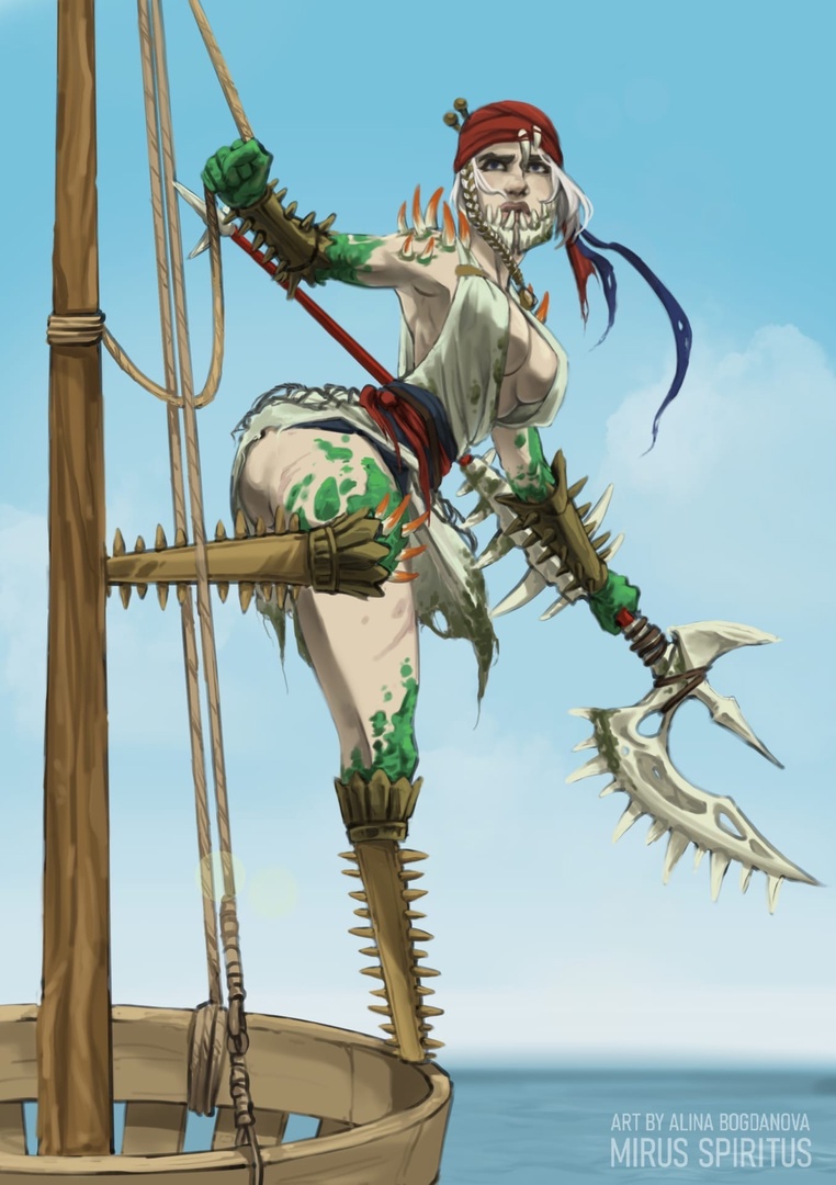 1girls amputee aranessa_saltspite armpits ass bandana breasts cleavage_cutout female female_only large_breasts peg_leg pirate plump_lips red_bandana scales sky solo solo_female thick_eyebrows thick_thighs warhammer_(franchise) warhammer_fantasy weapon white_hair