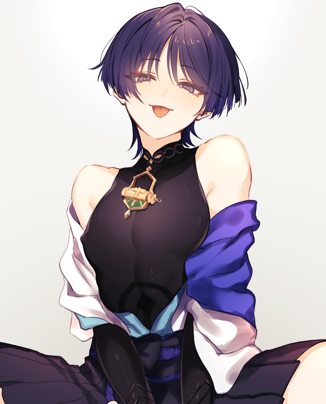 1boy, breasts, exposed shoulders, female, femboy, feminine male, genshin impact, male, nipples, otoko no ko, purple eyes, purple hair, scaramouche (genshin impact), short hair, tomgirl, tongue, tongue out, trap