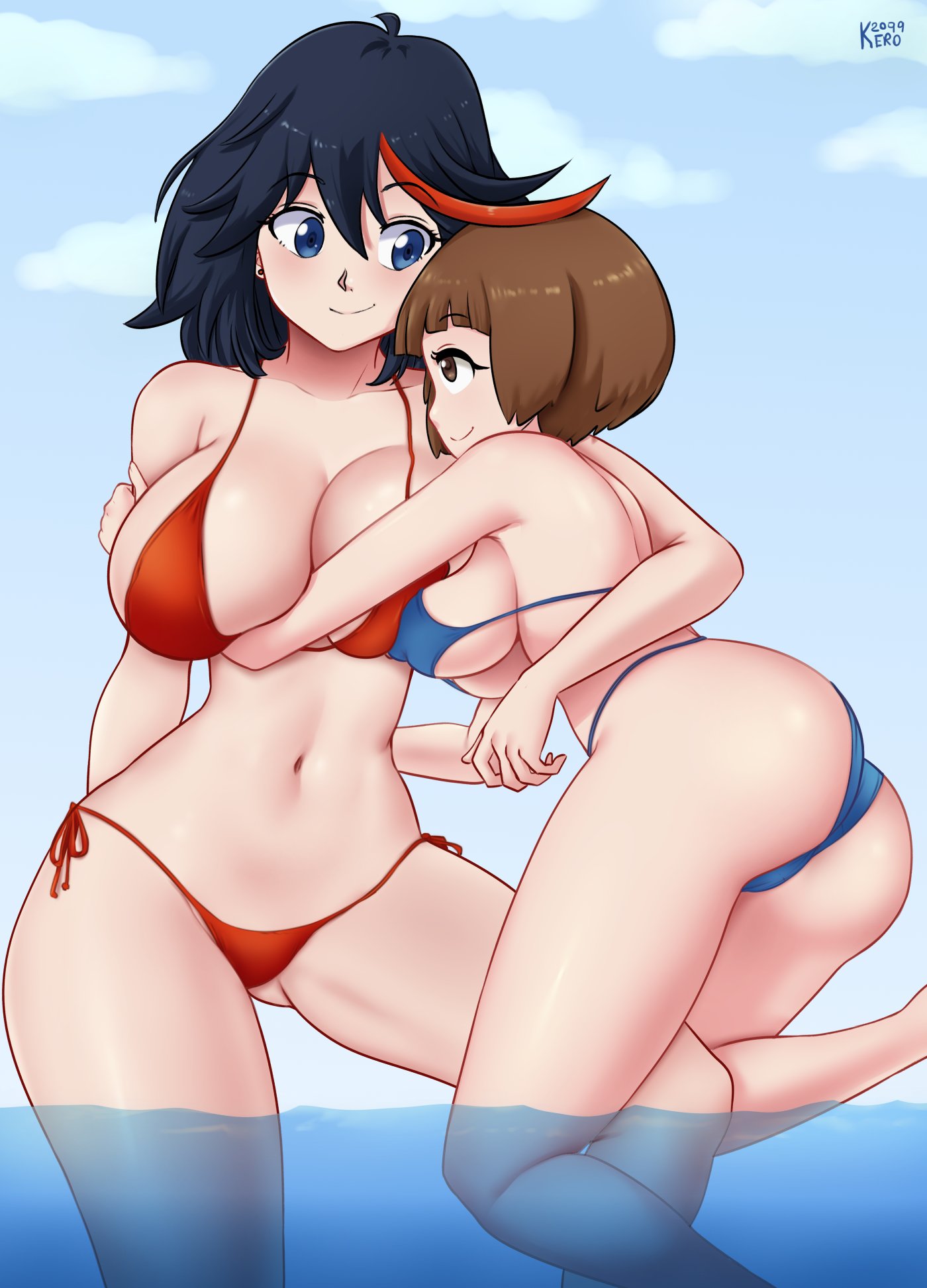 2girls, ass, black hair, black-haired female, breasts, brown hair, brown-haired female, chronosth1, female, female only, gummslime, kill la kill, mankanshoku mako, matoi ryuuko, multiple females, multiple girls, water, yuri