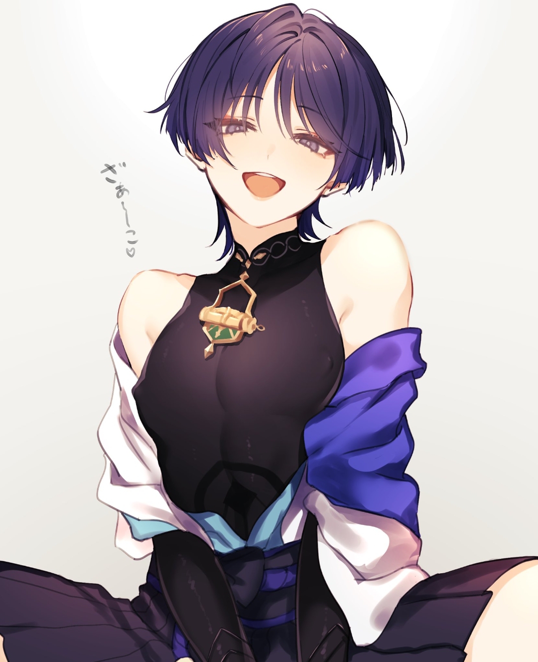 1boy, breasts, exposed shoulders, femboy, feminine male, genshin impact, male, male only, open mouth, otoko no ko, purple eyes, scaramouche (genshin impact), short hair, solo, trap